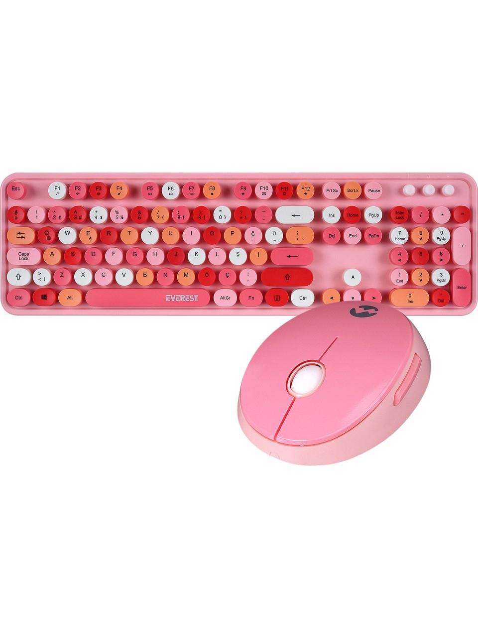 Everest ROUND KM-6282 Renkli Tuşlu Pembe Kablosuz Q Multimedia Klavye + Mouse Set
