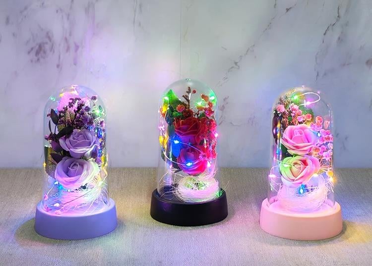 Işıklı Müzikli Romantik Fanus Tekli Gül