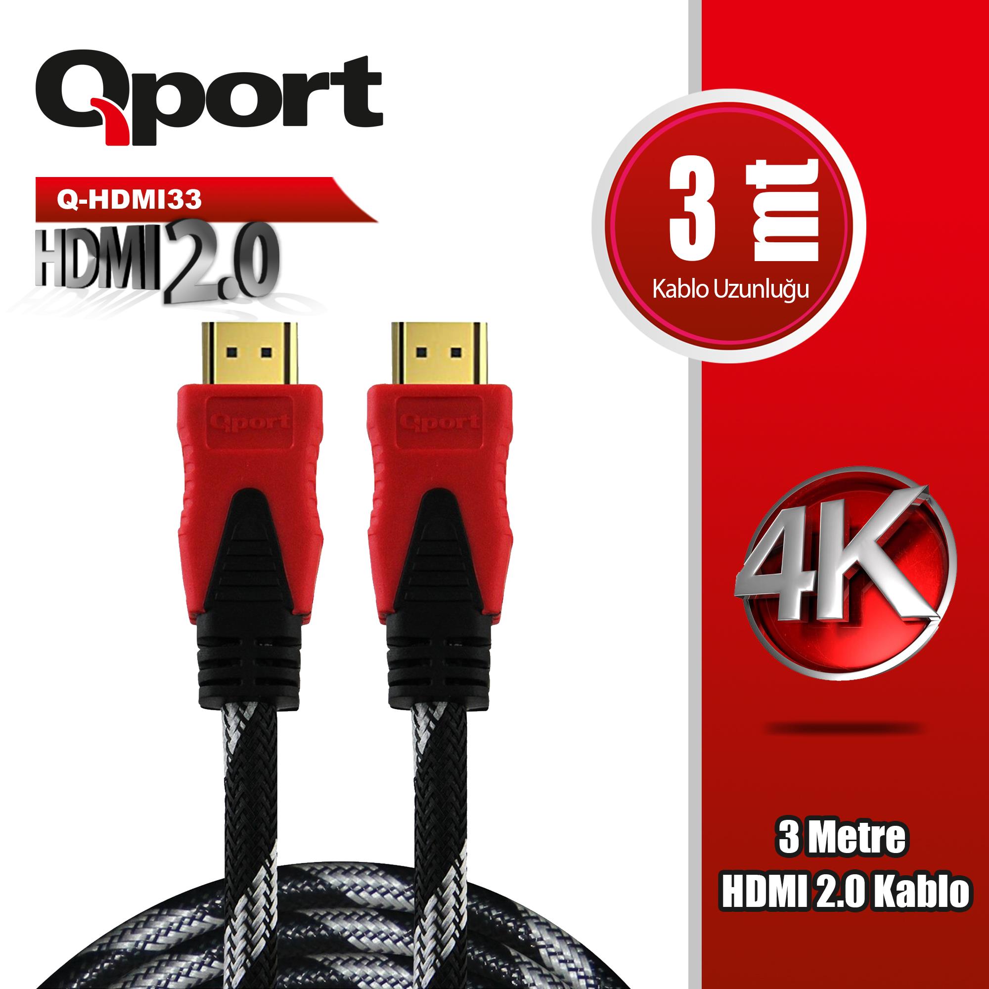 QPORT Q-HDMI33 3 METRE 2.0V 4K  ALTIN UÇLU ÖRGÜLÜ KABLO