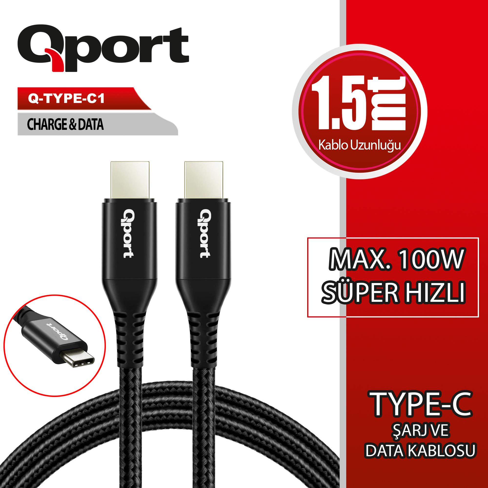 QPORT Q-TYPE-C1 1.5M TYPE-C 100W SUPER HIZLI PD SARJ VE DATA KABLOSU