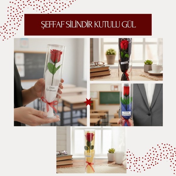 Şeffaf Silindir Kutulu Gül - Öğretmenler Günü Hediyesi