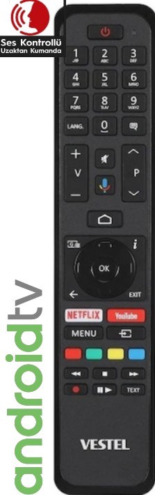 Vestel 50UA9600 4K Androıd Tv 17MB170 Tv Uzaktan Kumandası (Mikrofonlu, Netflix, Youtube, Prime ve Google Play Tuşlu) 23765515/30115444 Orijinal OZT 313-ZY