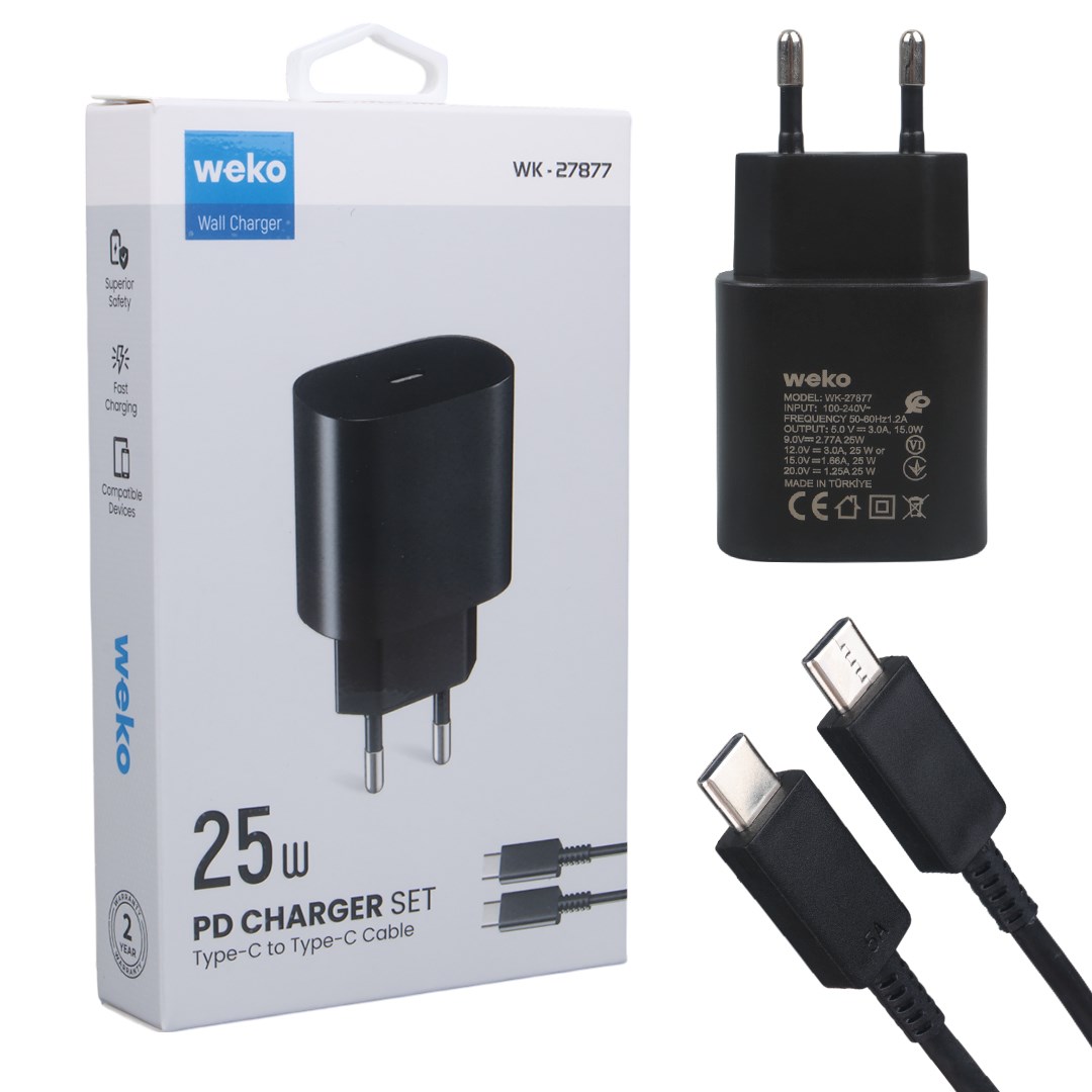 WEKO WK-27877 NOTE10 25 WATT SİYAH ŞARJ BAŞLIK ADAPTÖRÜ + TYPE-C TO TYPE-C KABLO