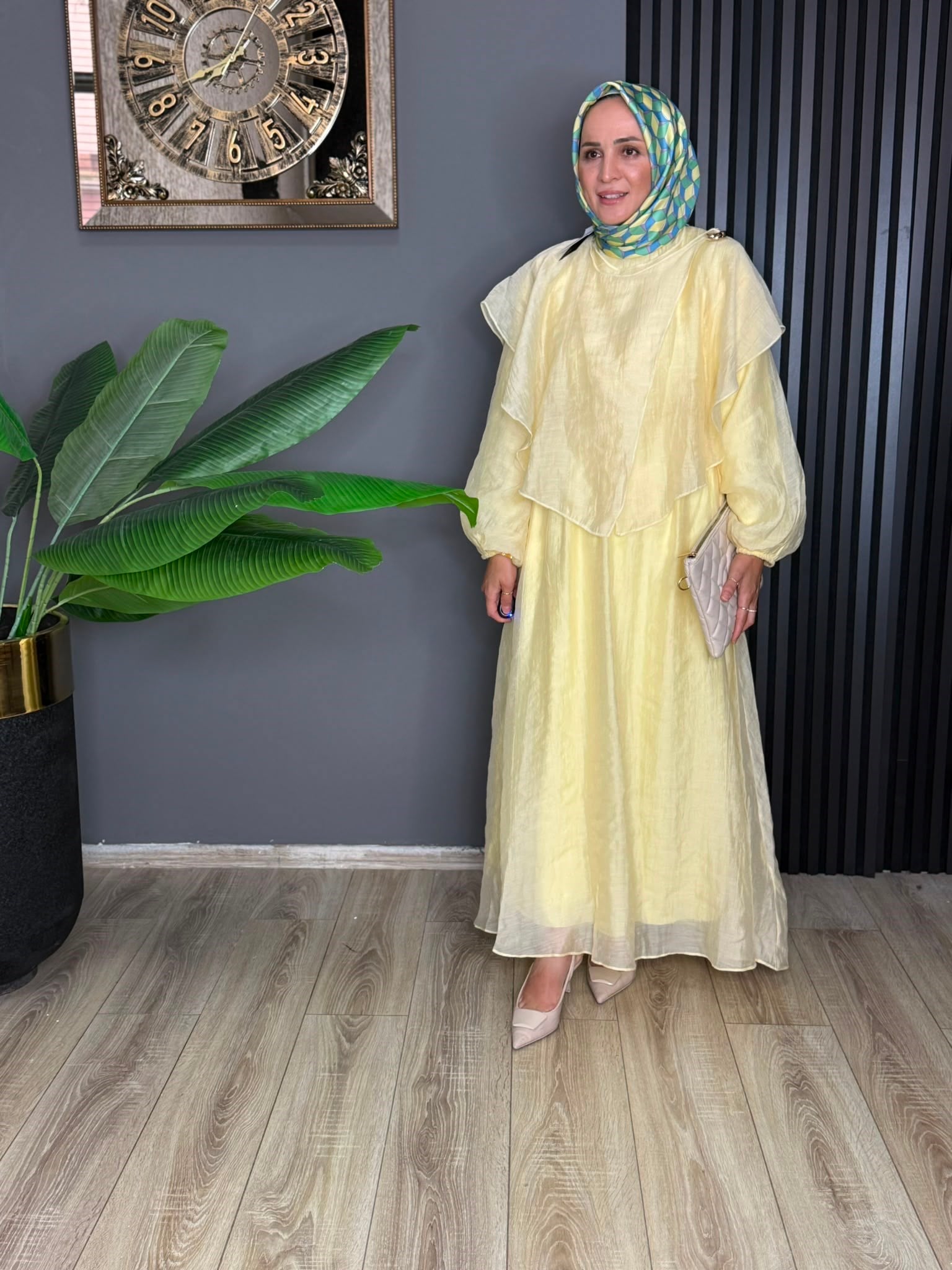 1101 PELERİN DETAY ELBİSE SARI 