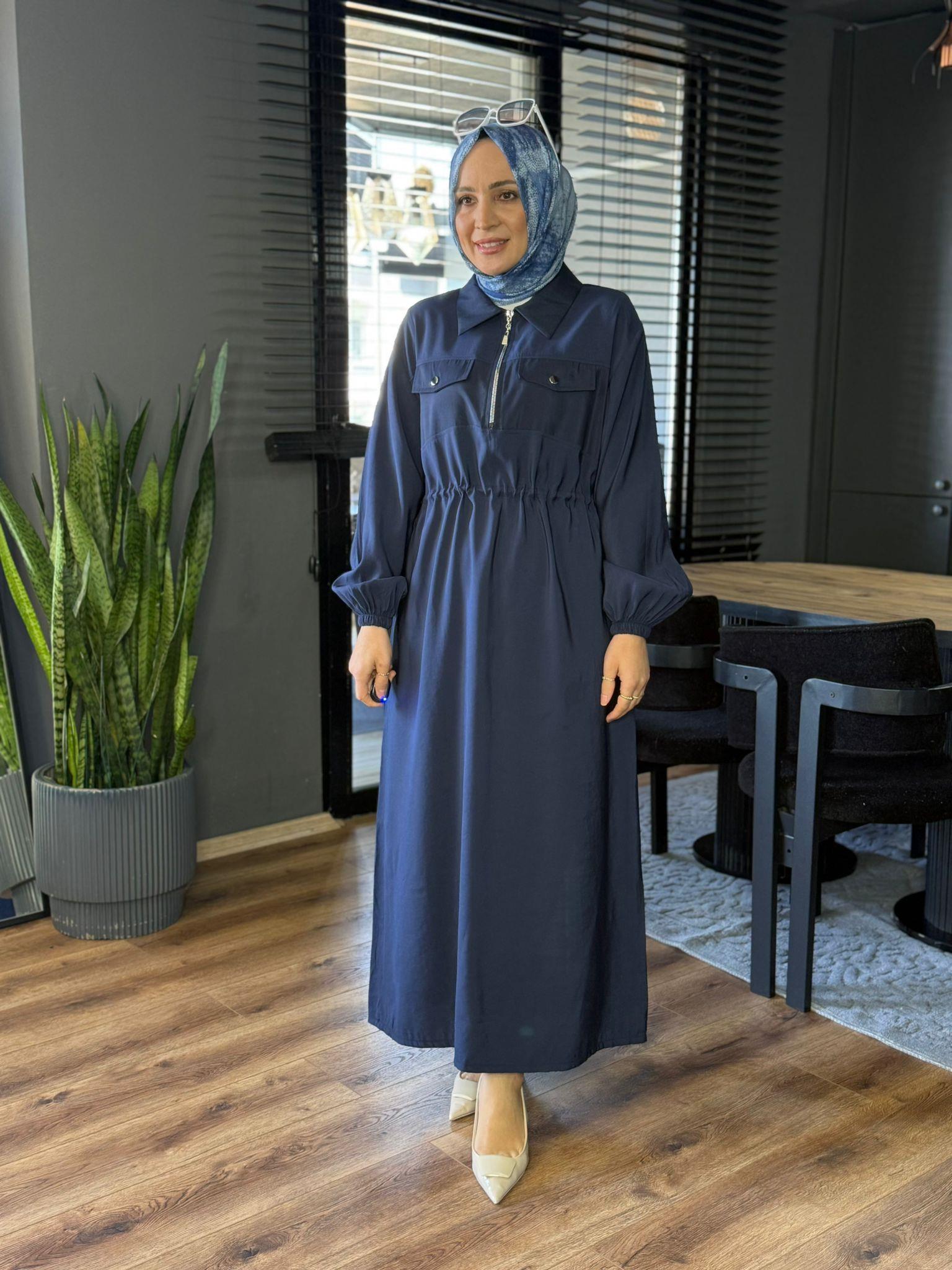 12670 BEL BÜZGÜ DETAY ELBİSE LACİVERT