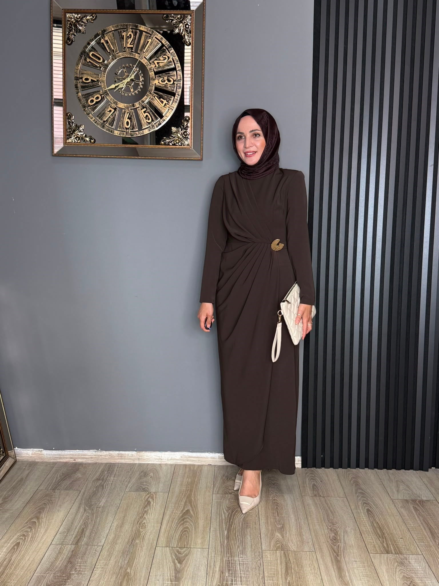 12678 DRAPELİ ELBİSE KAHVERENGİ 