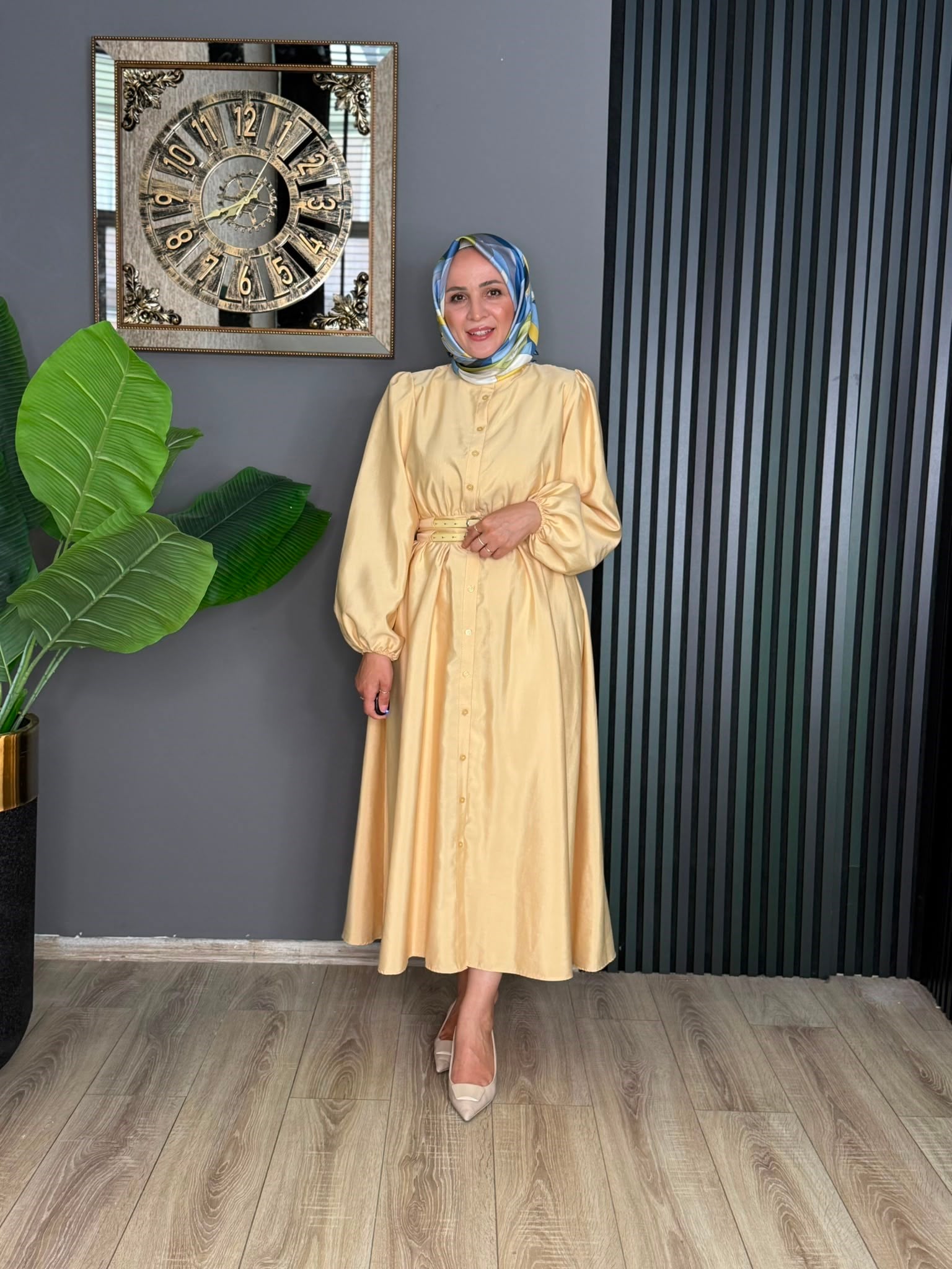 20658 ÇİFT KEMERLİ PRENSES MODEL ELBİSE SARI 