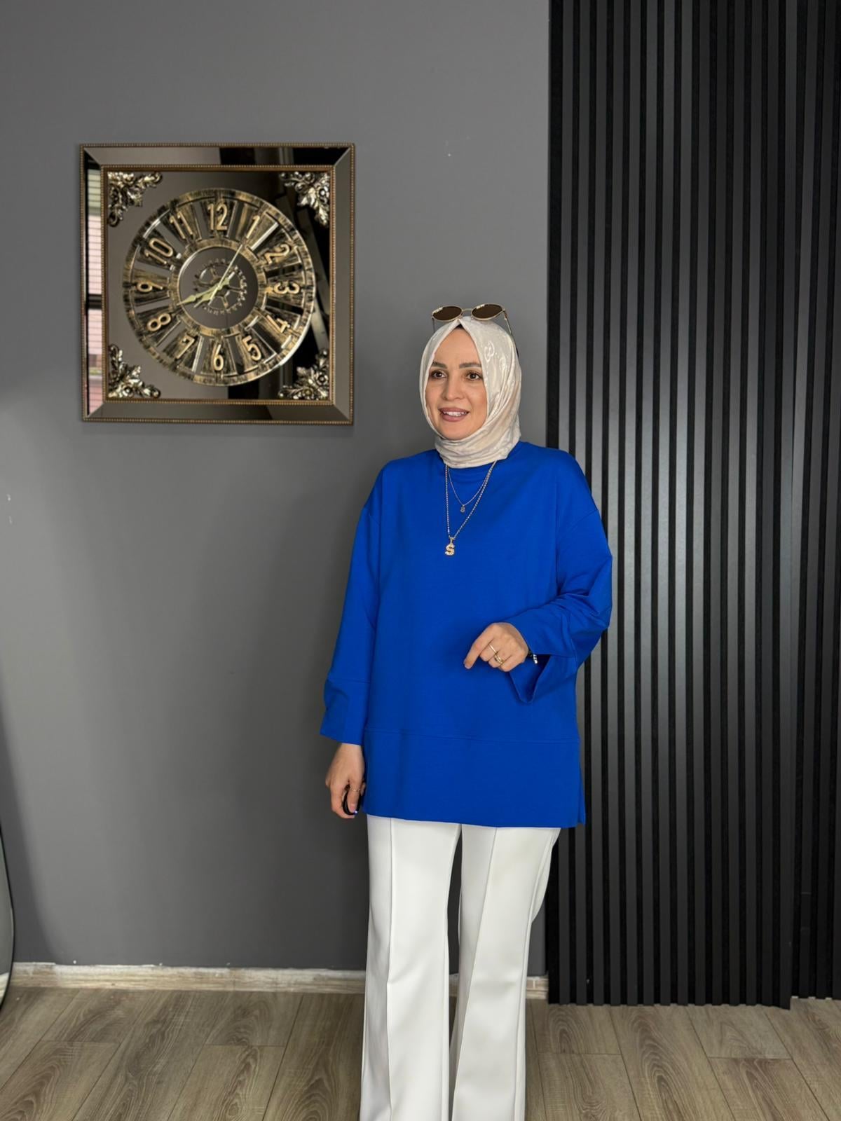 20735 KOL DETAY TUNİK SAKS MAVİ 