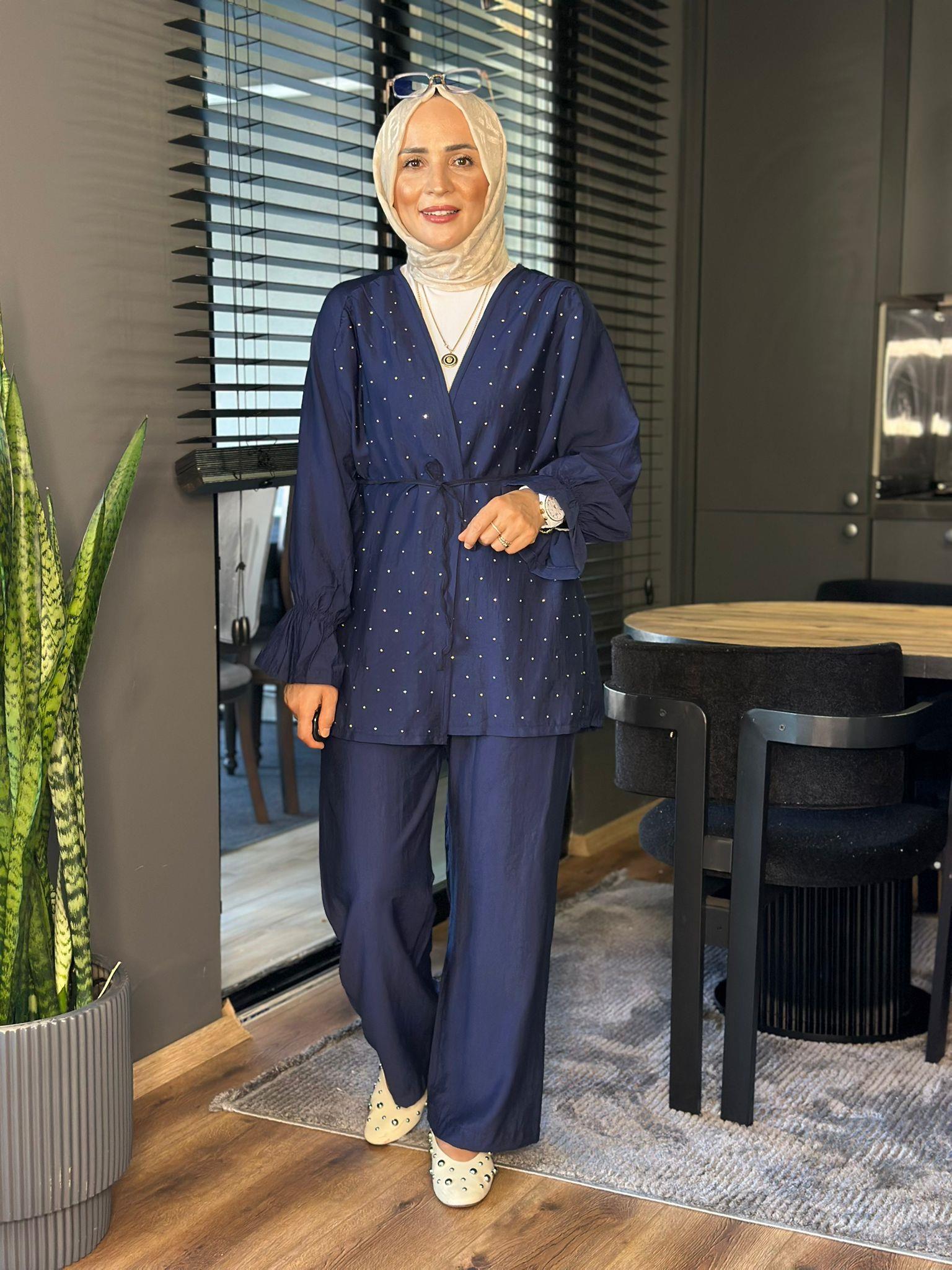 22737 TAŞLI TENSEL KİMONO TAKIM LACİVERT  