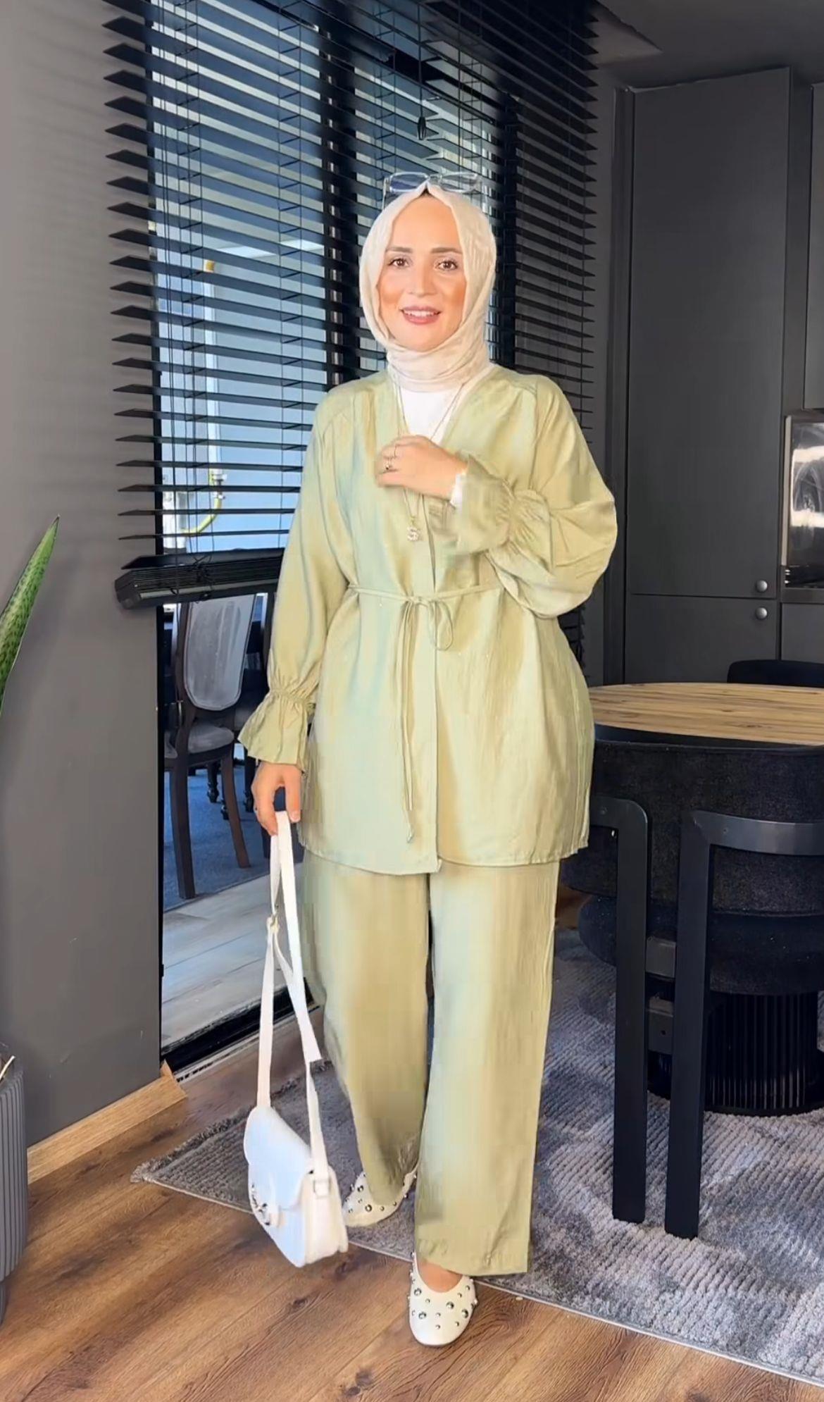 22737 TAŞLI TENSEL KİMONO TAKIM MİNT YEŞİLİ  