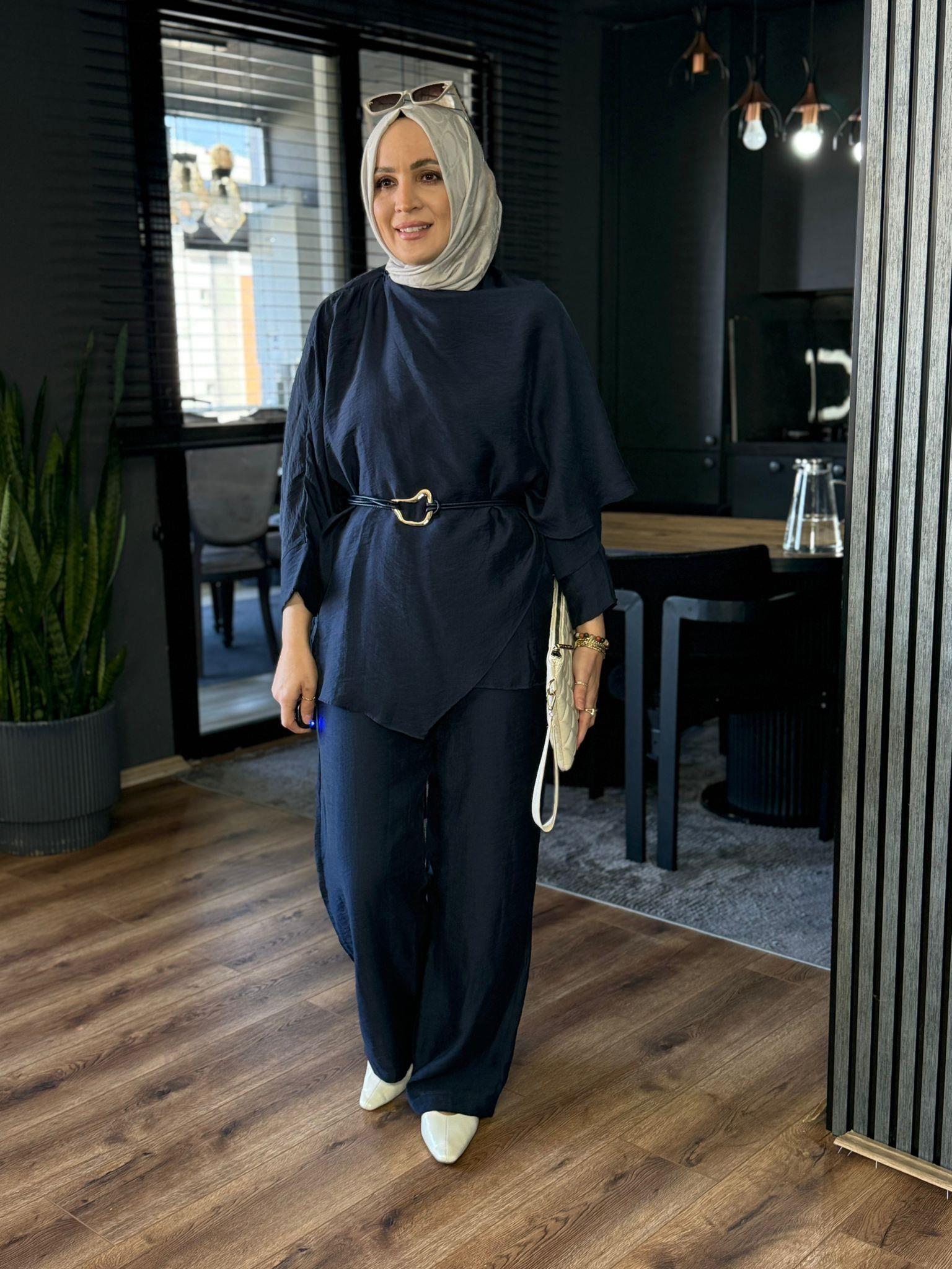 22858 ASİMETRİK KESİM TAKIM LACİVERT  