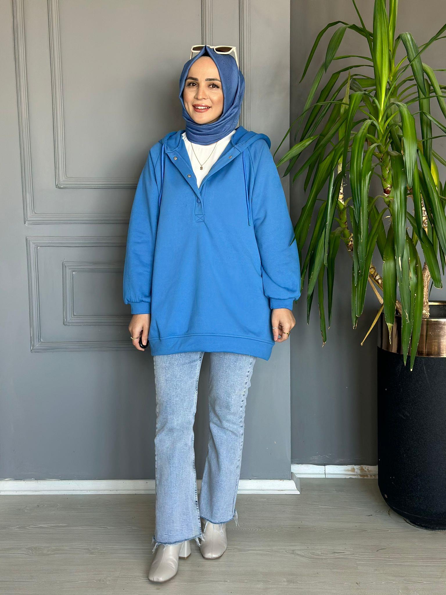 24047 İNDİRİMLİ ÖNÜ DÜĞME DETAY SWEAT MAVİ