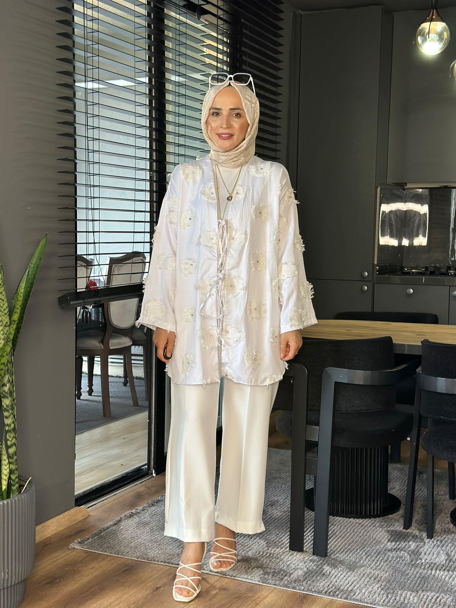 24325 YAMA DETAYLI KİMONO BEYAZ 