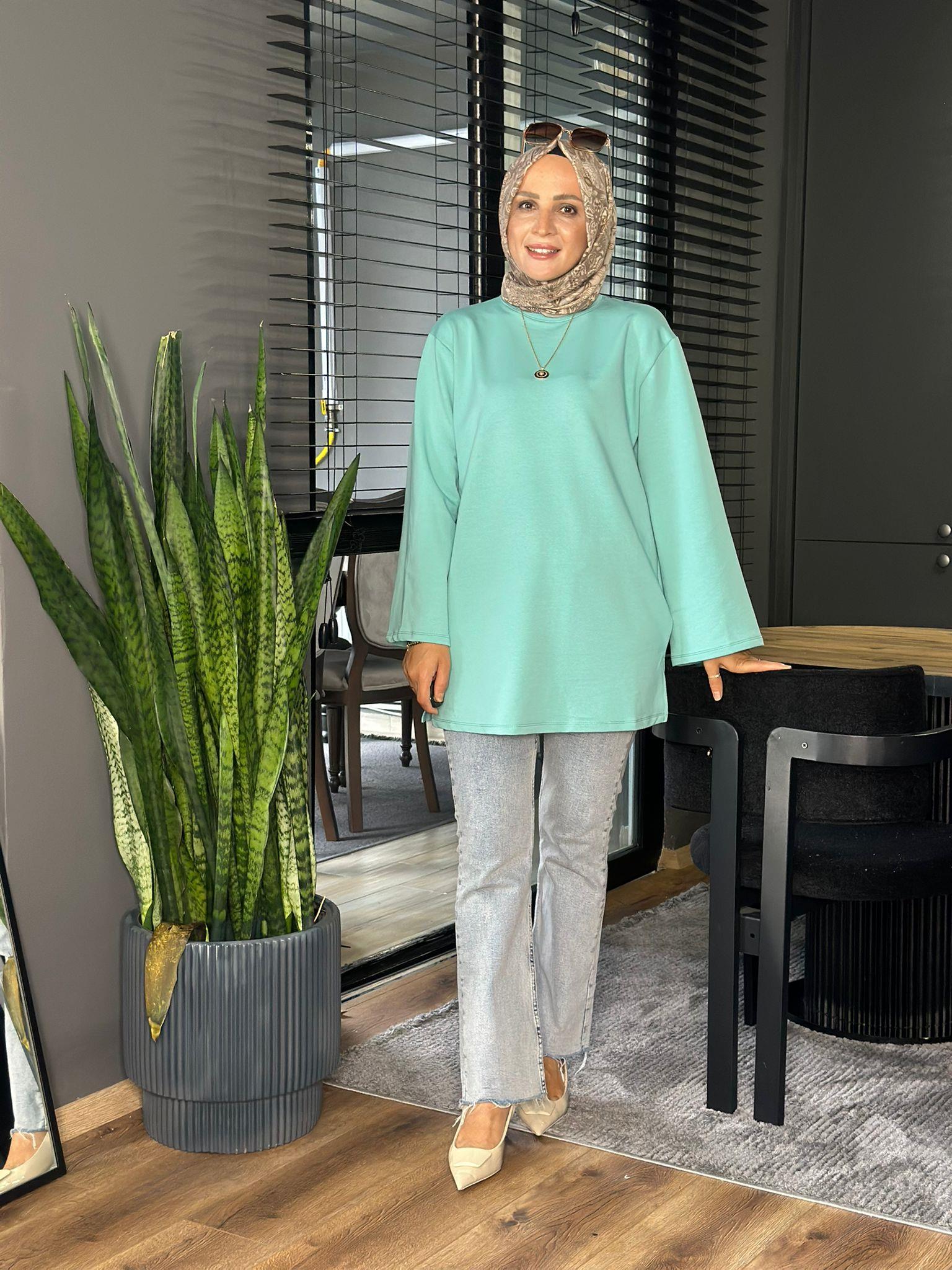 24332 TEK İPLİK SU YEŞİL TUNİK STD