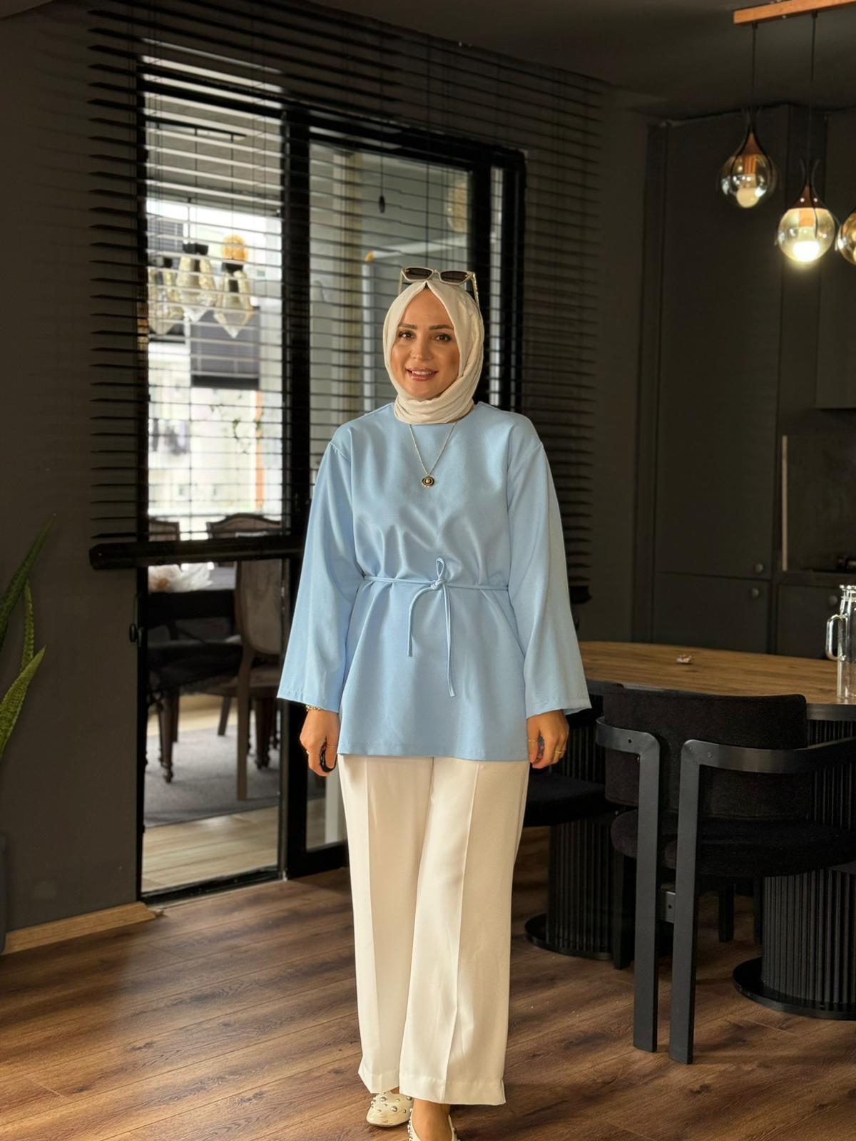 24338 BELDEN BAĞLAMALI TUNİK BEBE MAVİSİ 