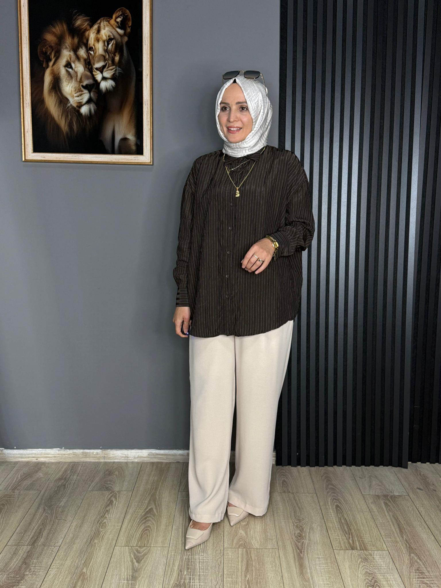 24419 ÇİZGİLİ GÖMLEK KAHVERENGİ 