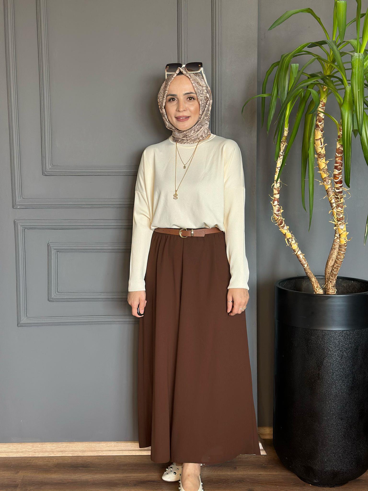 26081 KUMAŞ ETEK PANTOLON KAHVERENGİ  