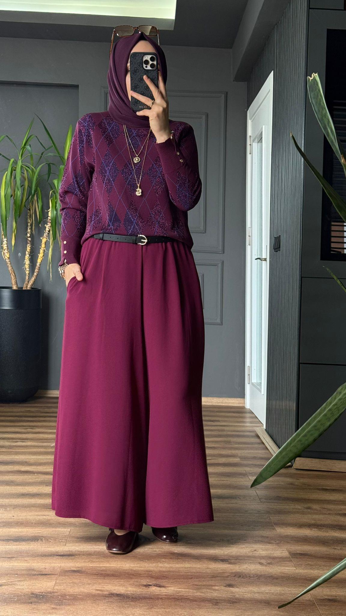 26081 KUMAŞ ETEK PANTOLON MÜRDÜM 