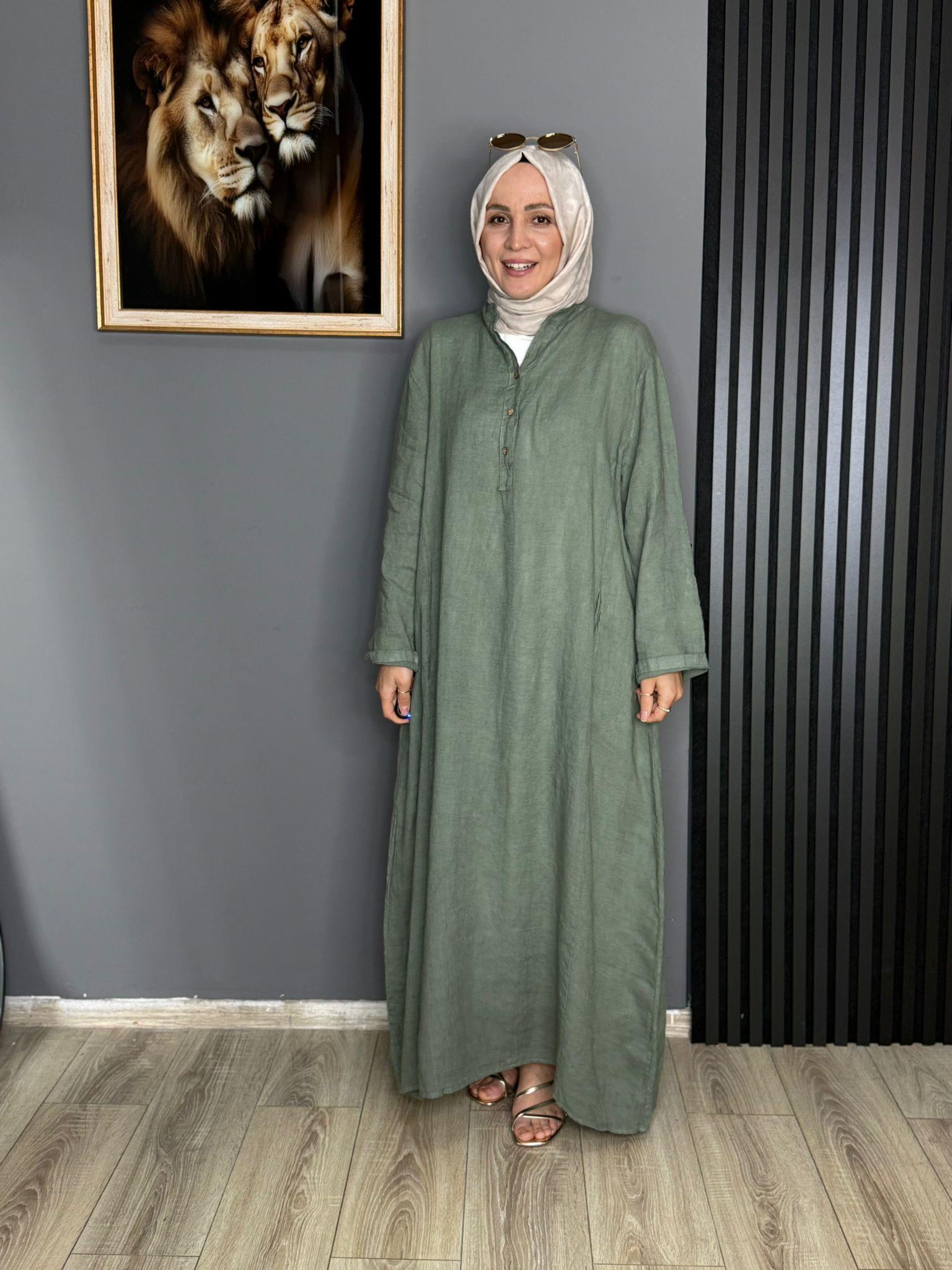 2701 KETEN ELBİSE MİNT YEŞİLİ