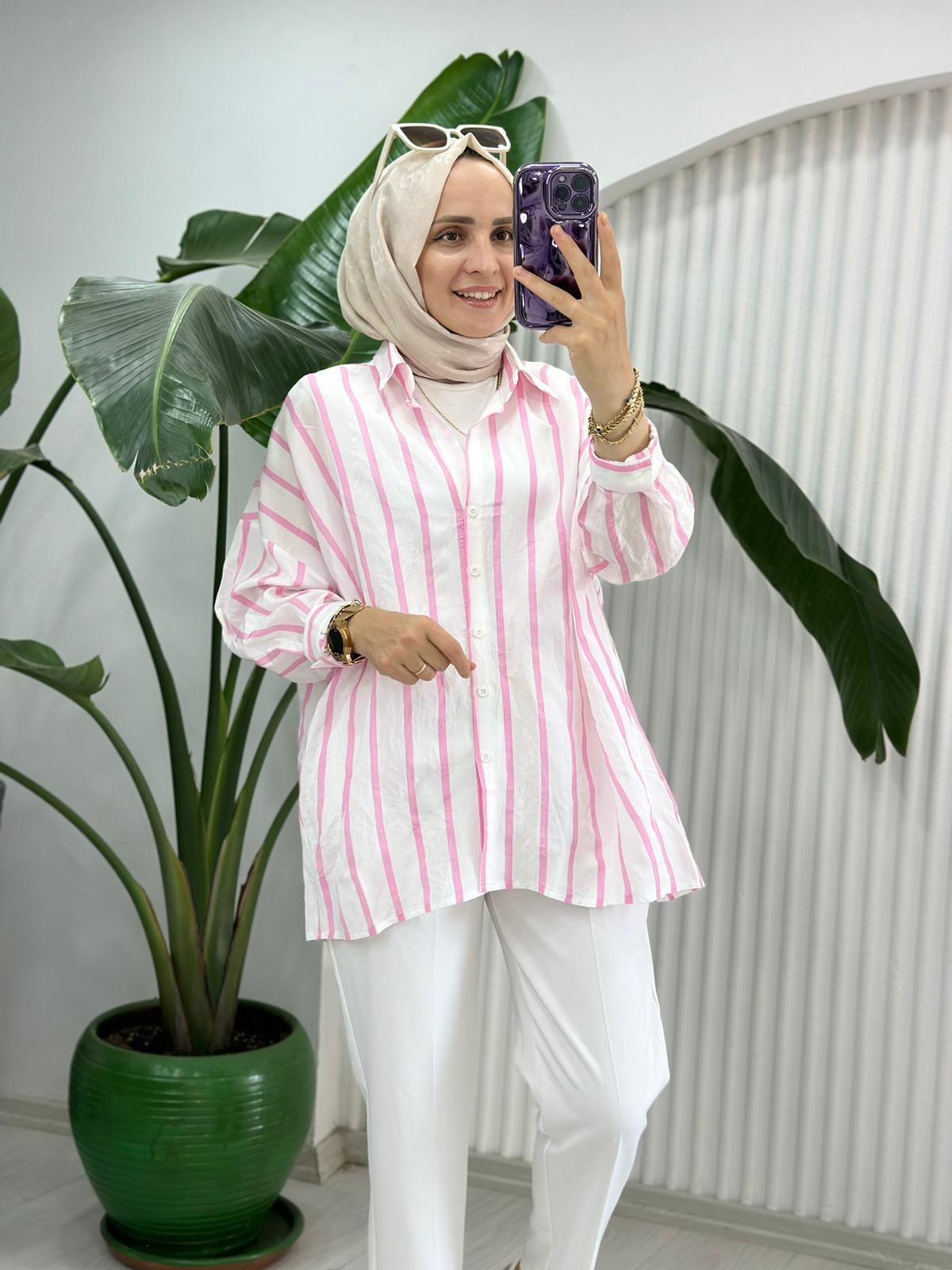 27187 KALIN ÇİZGİLİ GÖMLEK BEYAZ PEMBE 