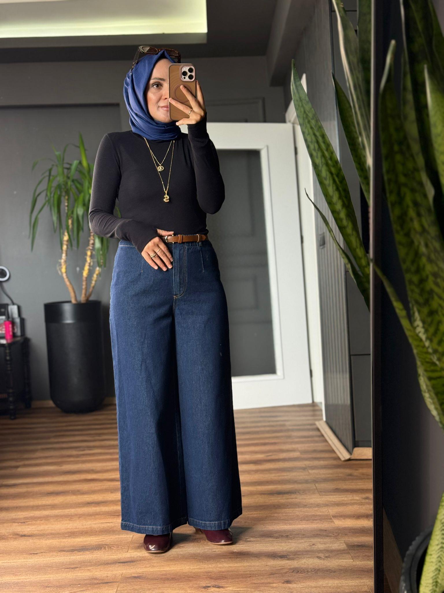 2881 KEMERLİ BOL KOT PANTOLON LACİVERT 