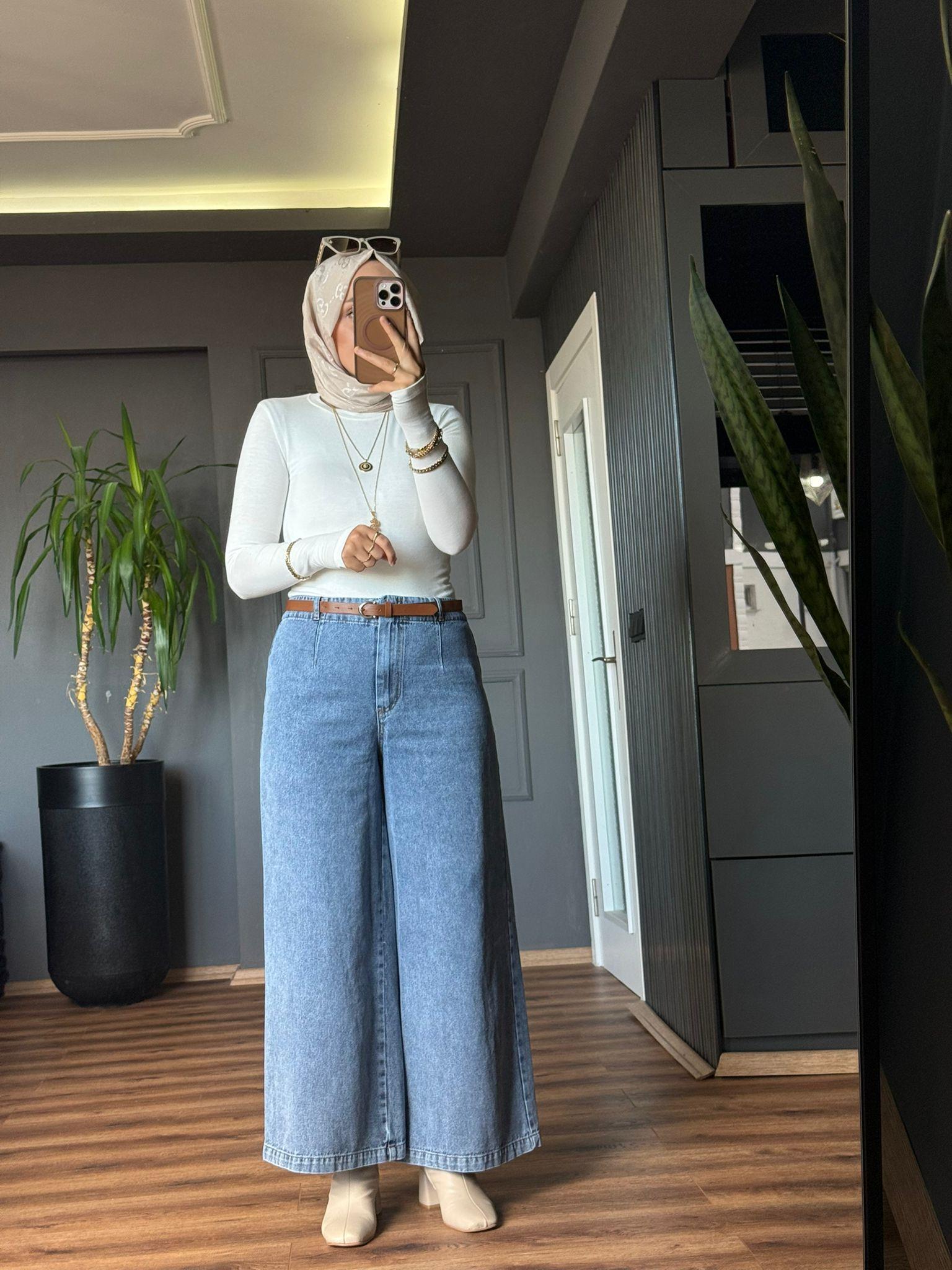 2881 KEMERLİ BOL KOT PANTOLON MAVİ 