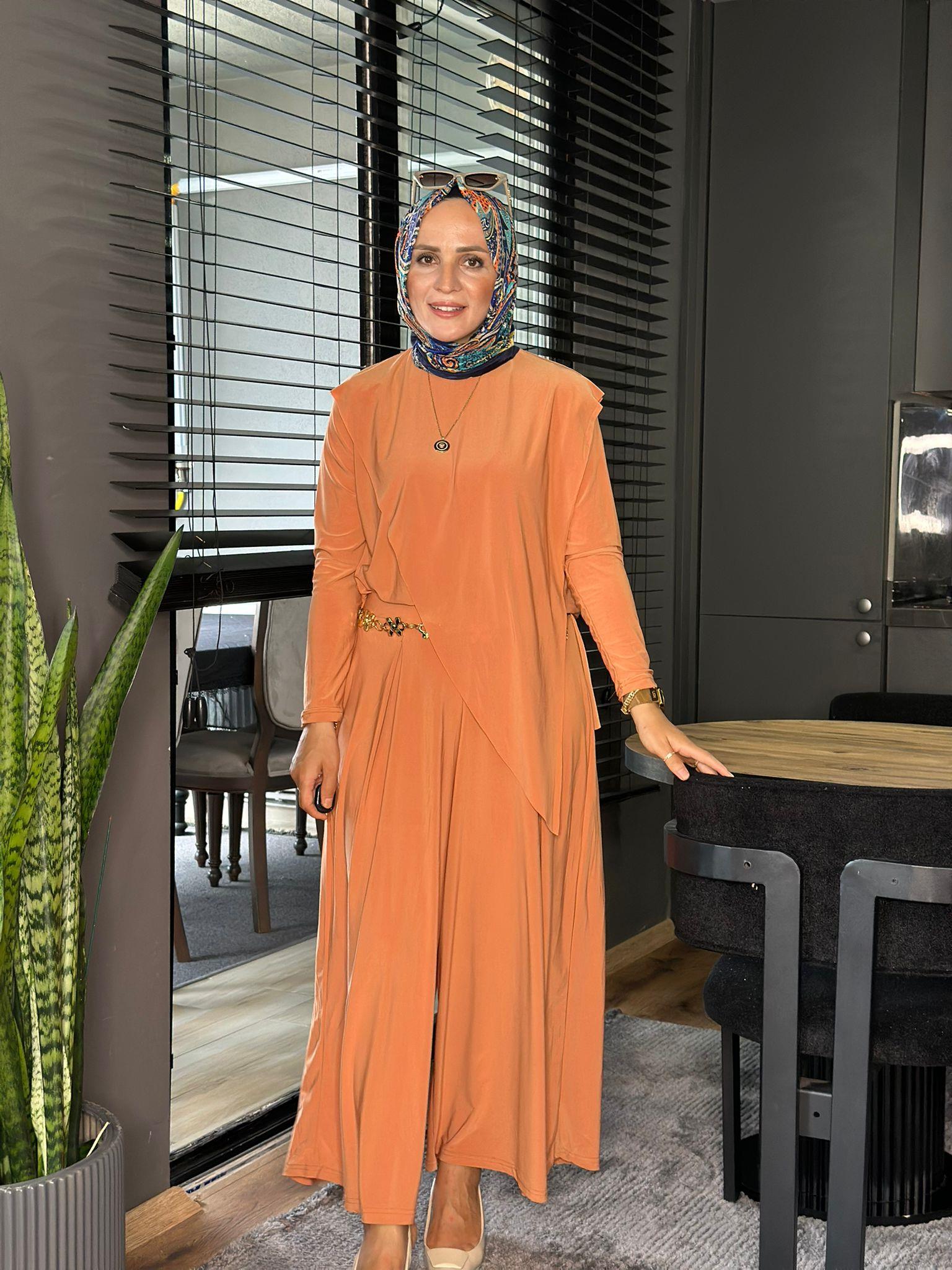 4214 ASİMETRİK SANDY TAKM PASTEL TURUNCU  S-M