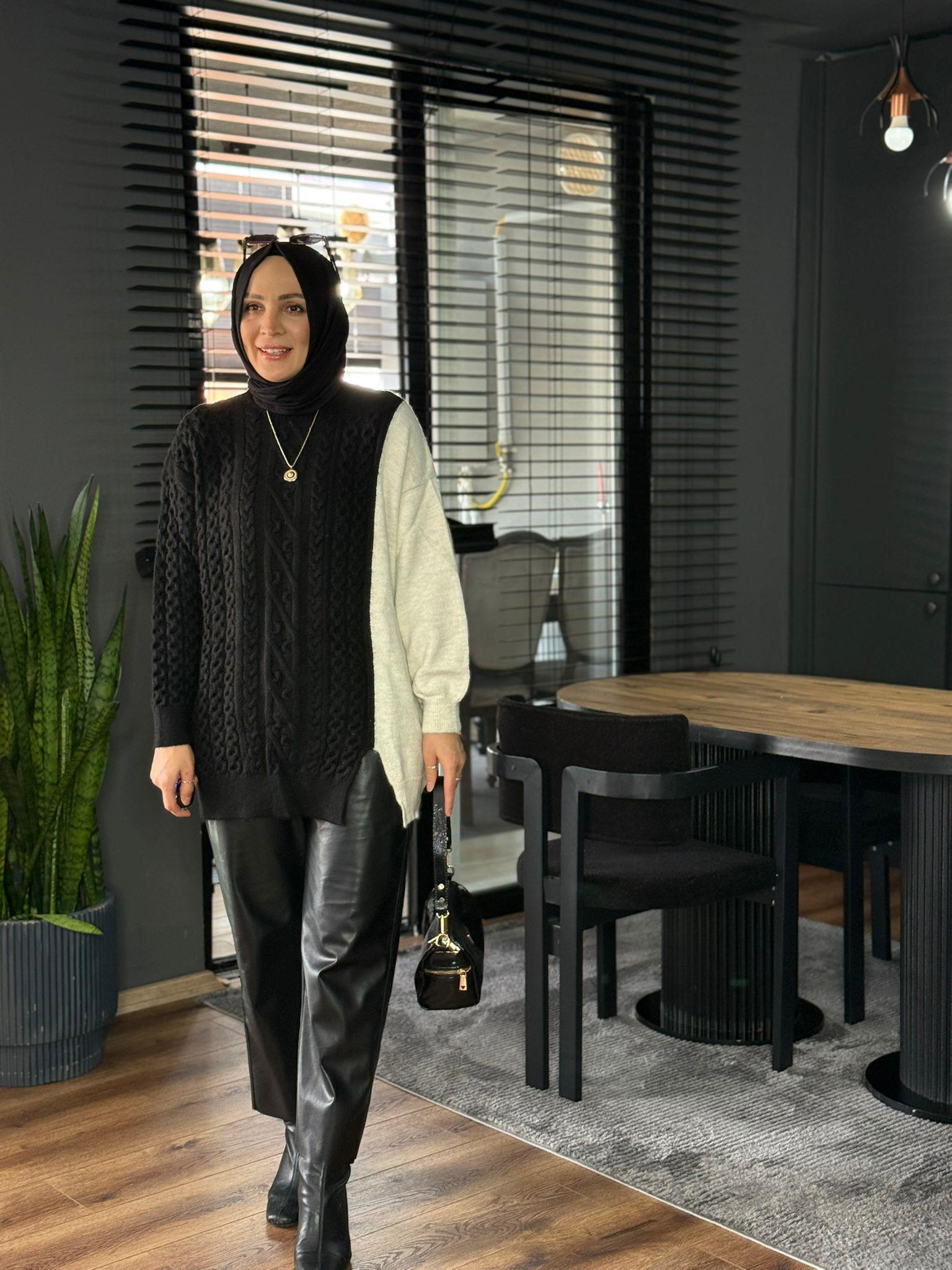 50596 ÇİFT RENK KAZAK SİYAH 