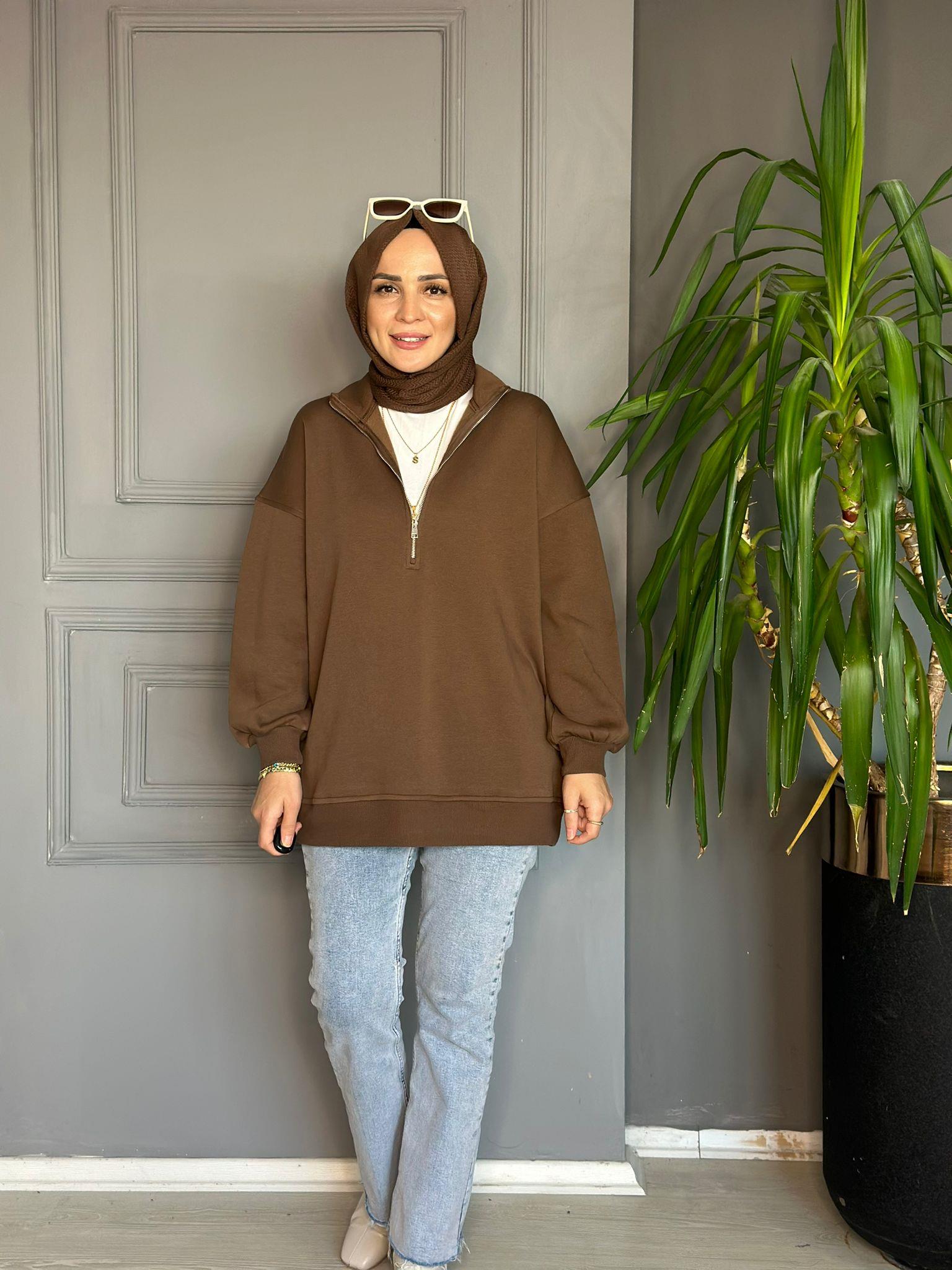 5277 FERMUARLI 3 İPLİK SWEAT KAHVE 