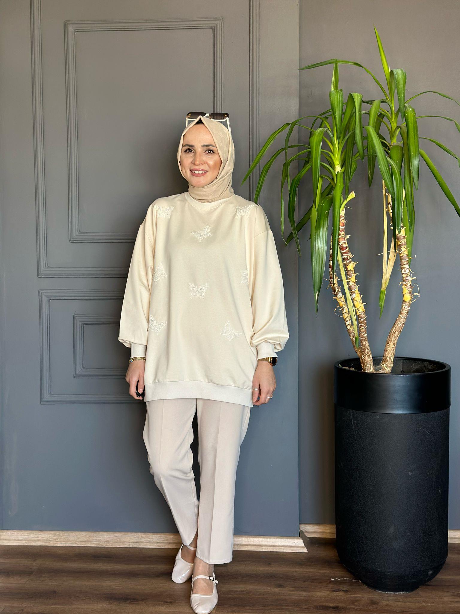 5529 KELEBEK DETAY SWEAT BEJ S-M