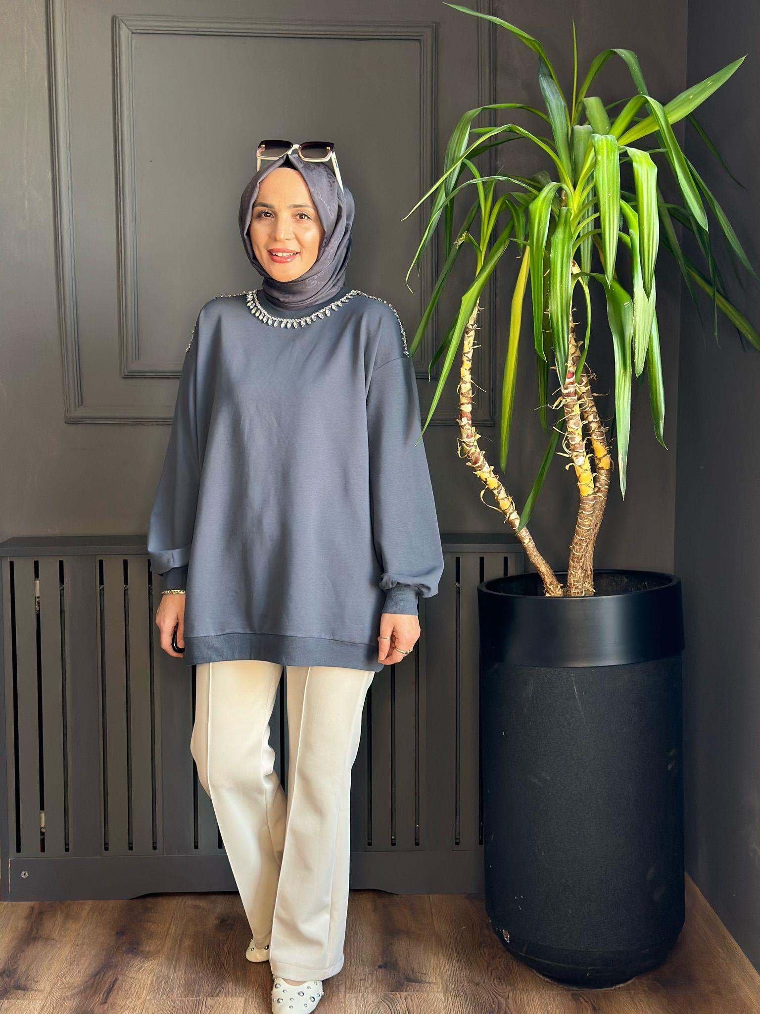 5606 YAKA İŞLEMELİ TUNİK GRİ    