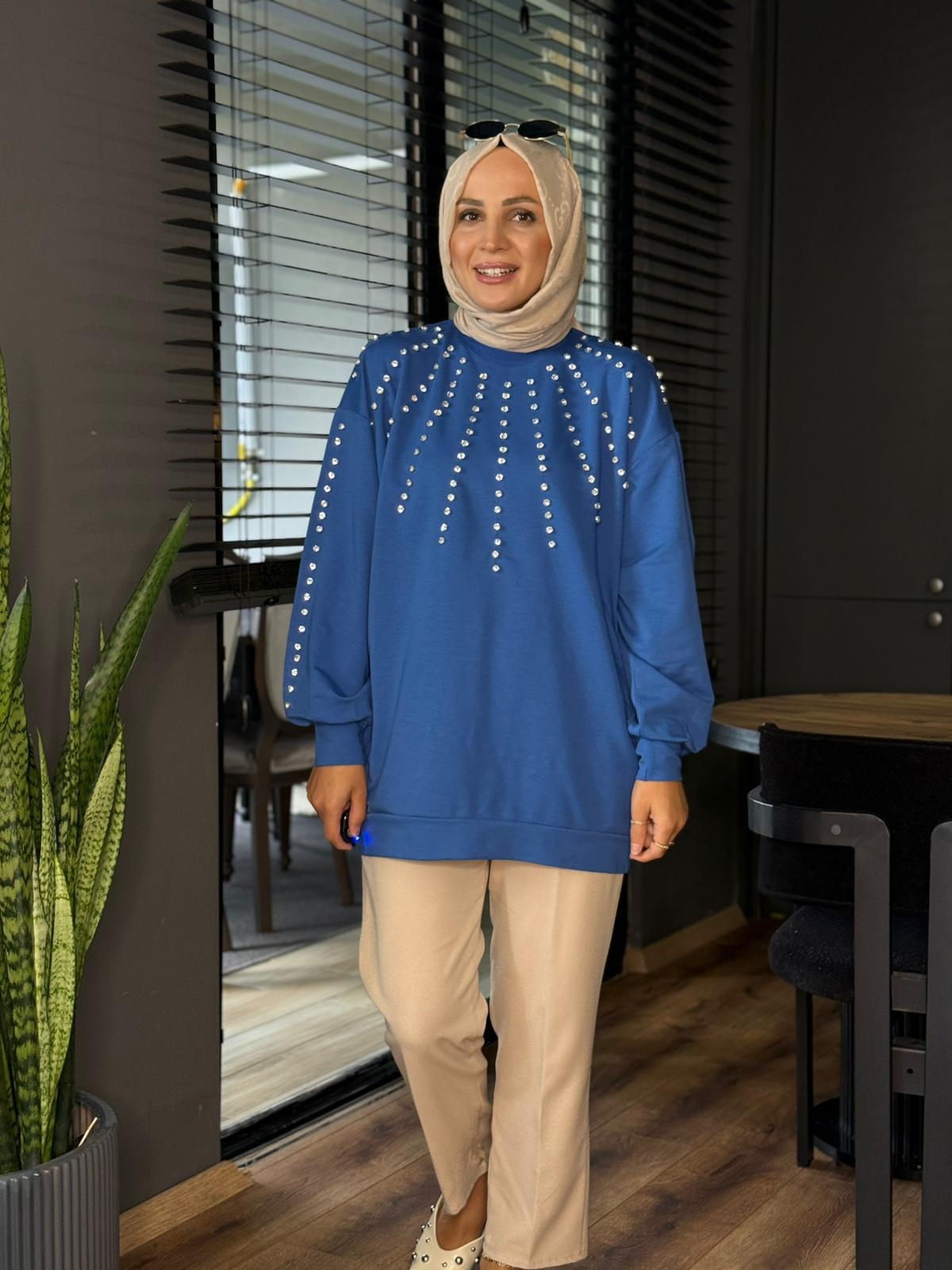 5608 TAŞ DETAY TUNİK MAVİ 