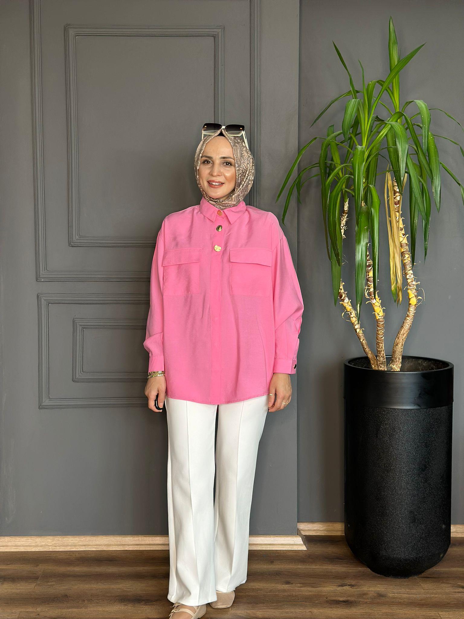 5690 GOLD DÜĞME DETAYLI PEMBE GÖMLEK 