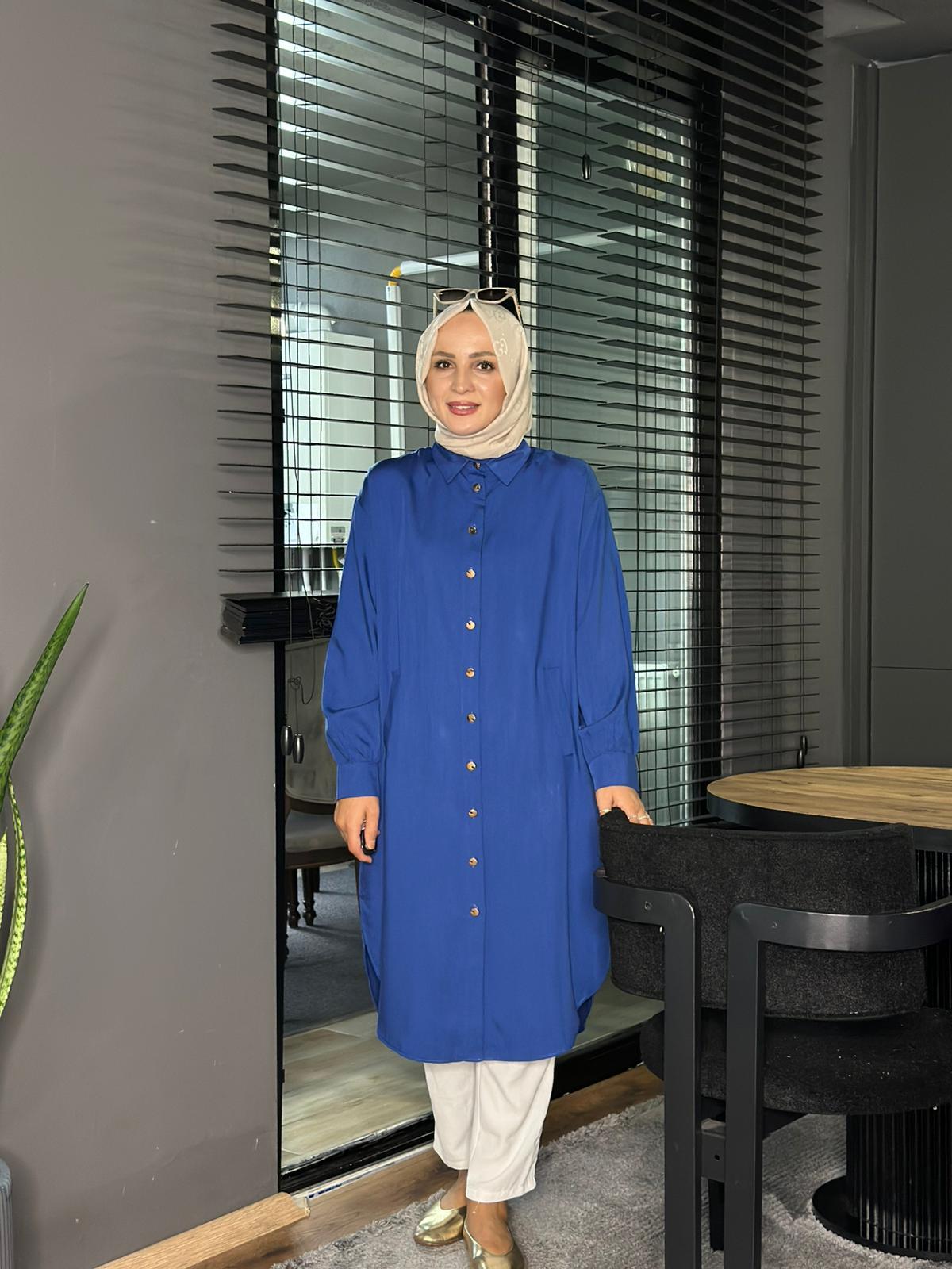 5808 GOLD DÜĞMELİ UZUN TUNİK SAKS MAVİ S-M 