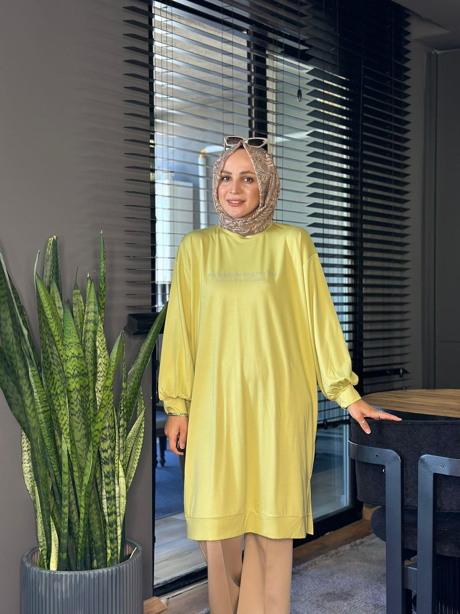 5858 ÖNÜ BASKILI UZUN TUNİK YAĞ YEŞİLİ 