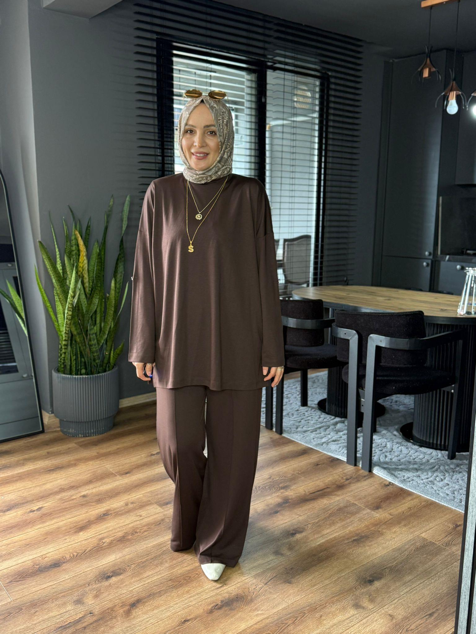 5862 KOL DÜĞME DETAY OYSHO TAKIM KAHVERENGİ 