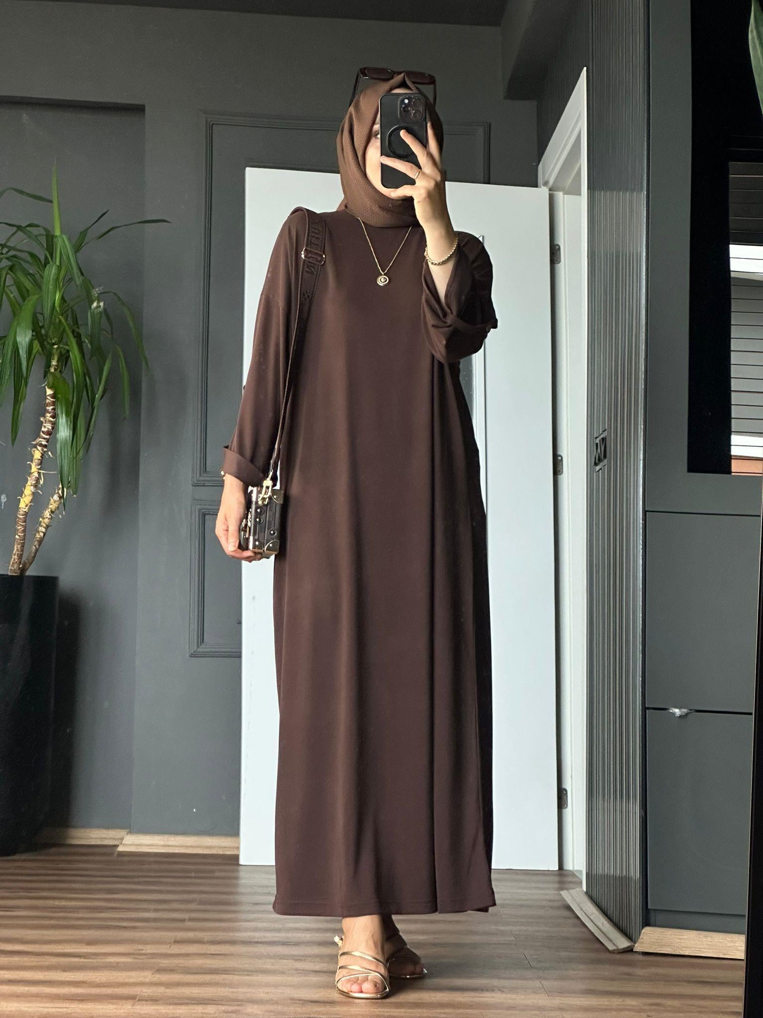 5991 İNCE OYSHO ELBİSE KAHVERENGİ 