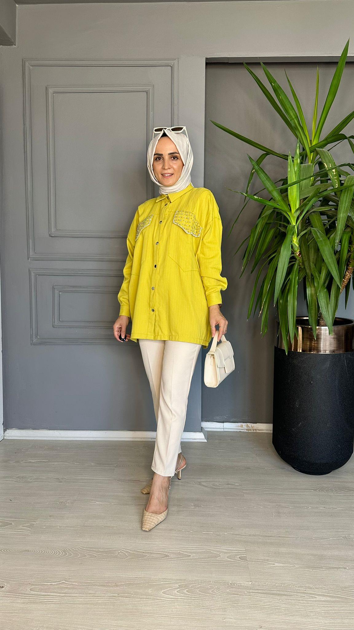 8244 YAĞ YEŞİL TAŞLI GÖMLEK L-XL