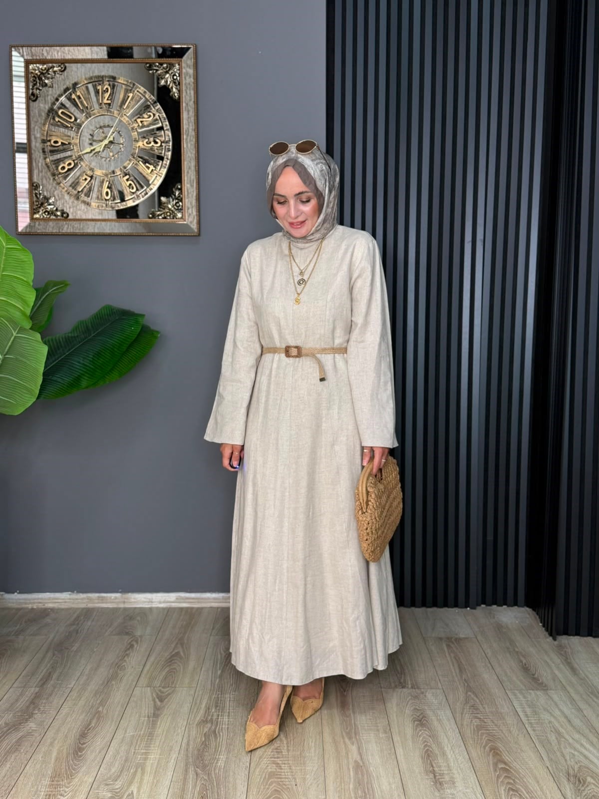 8401 HAM KETEN ELBİSE KREM