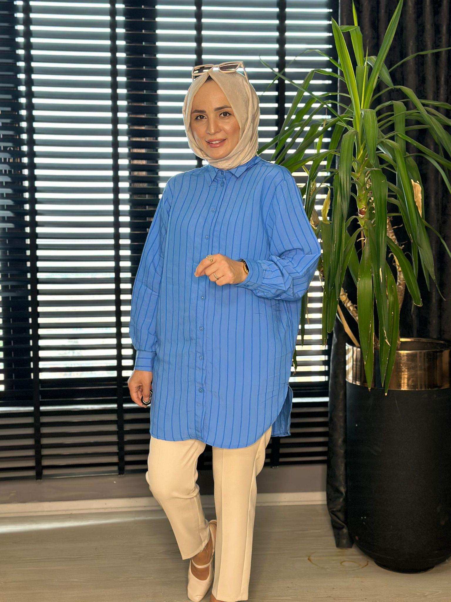 8765 ÇİZGİLİ GÖMLEK MAVİ