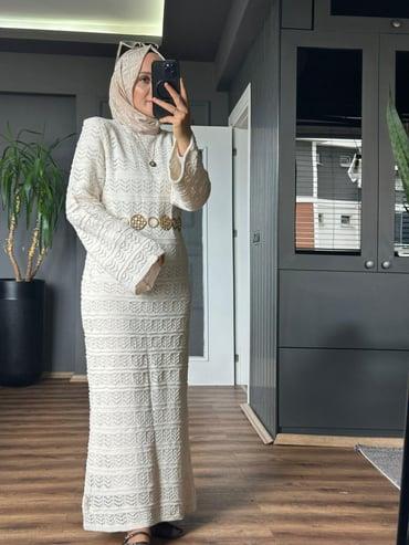 002026 ZİKZAK DESENLİ ÖRME ELBİSE KREM