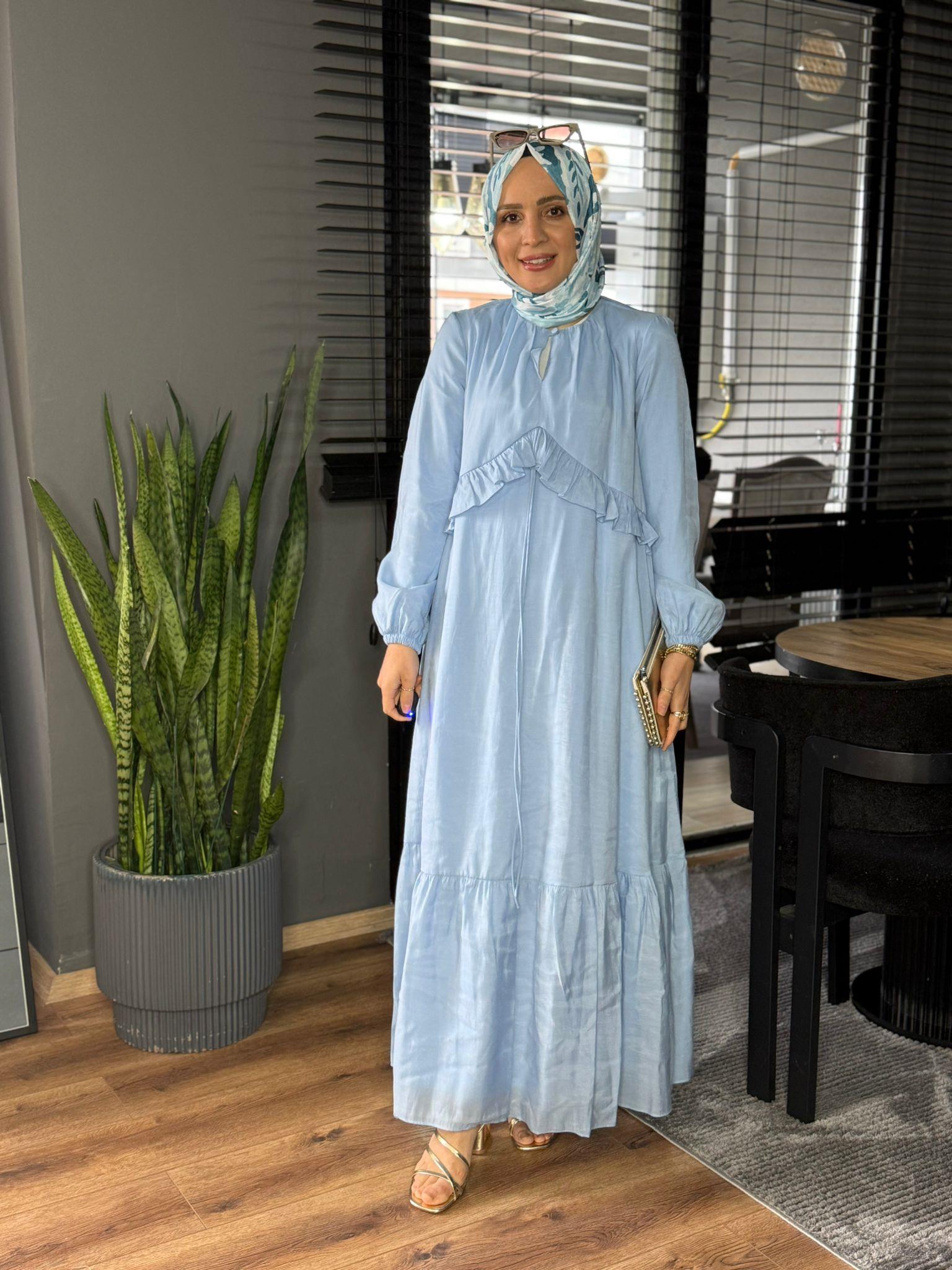 12638 FIR FIR İP DETAYLI ELBİSE MAVİ 