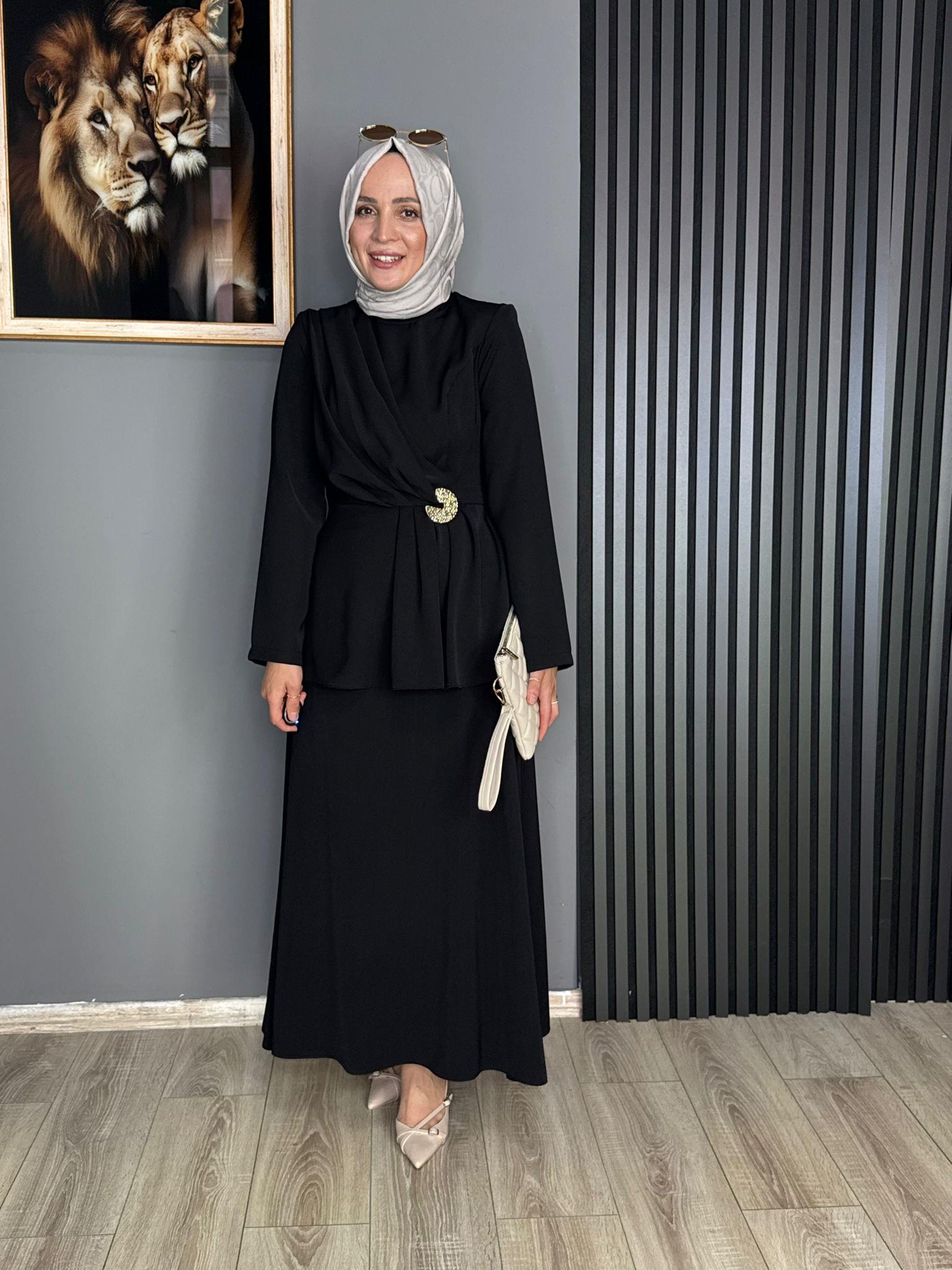 14496 DRAPELİ ETEK TAKIM SİYAH 