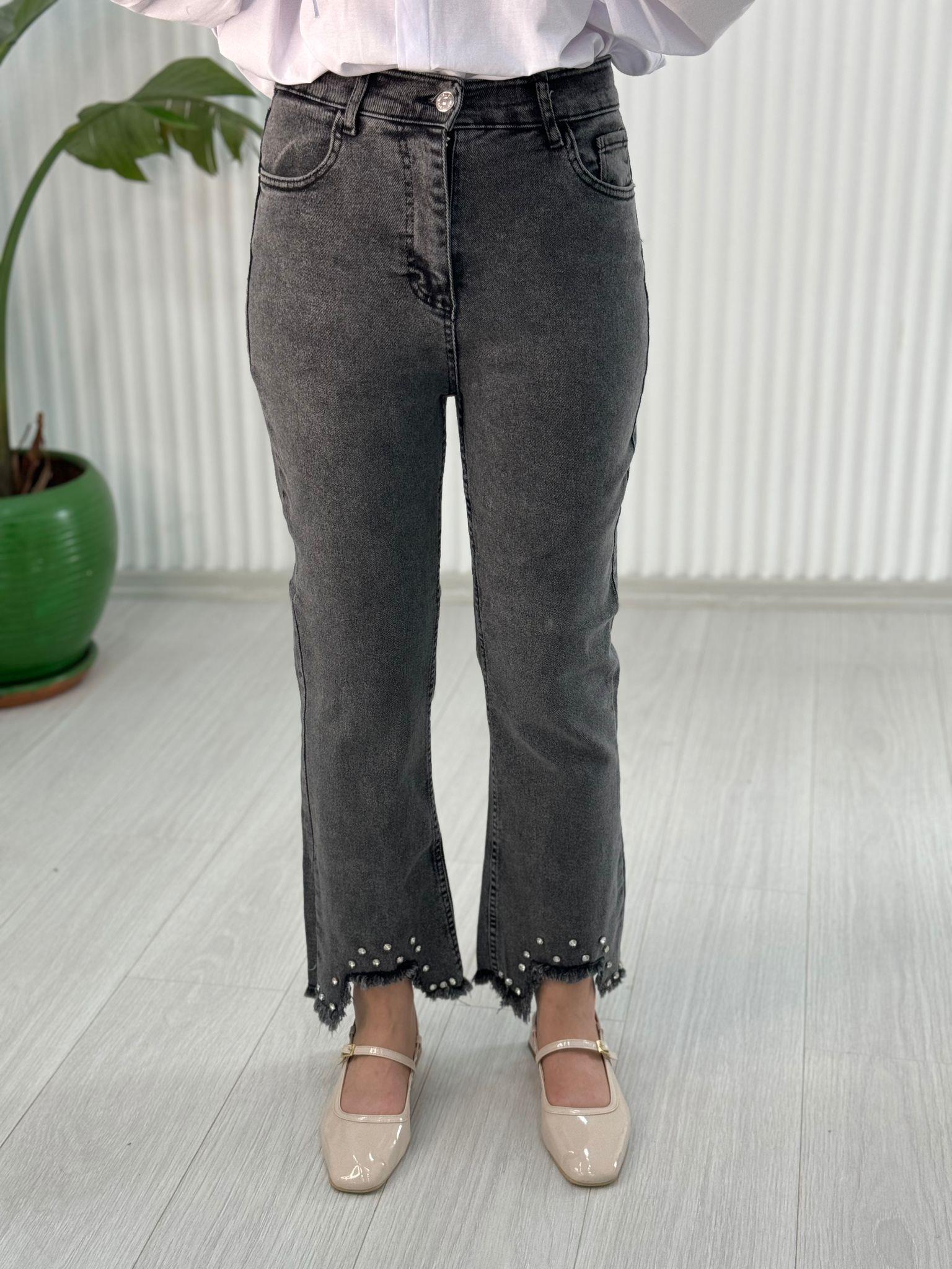 1548 PAÇASI YIRTIK TAŞLI KOT PANTOLON FÜME 44