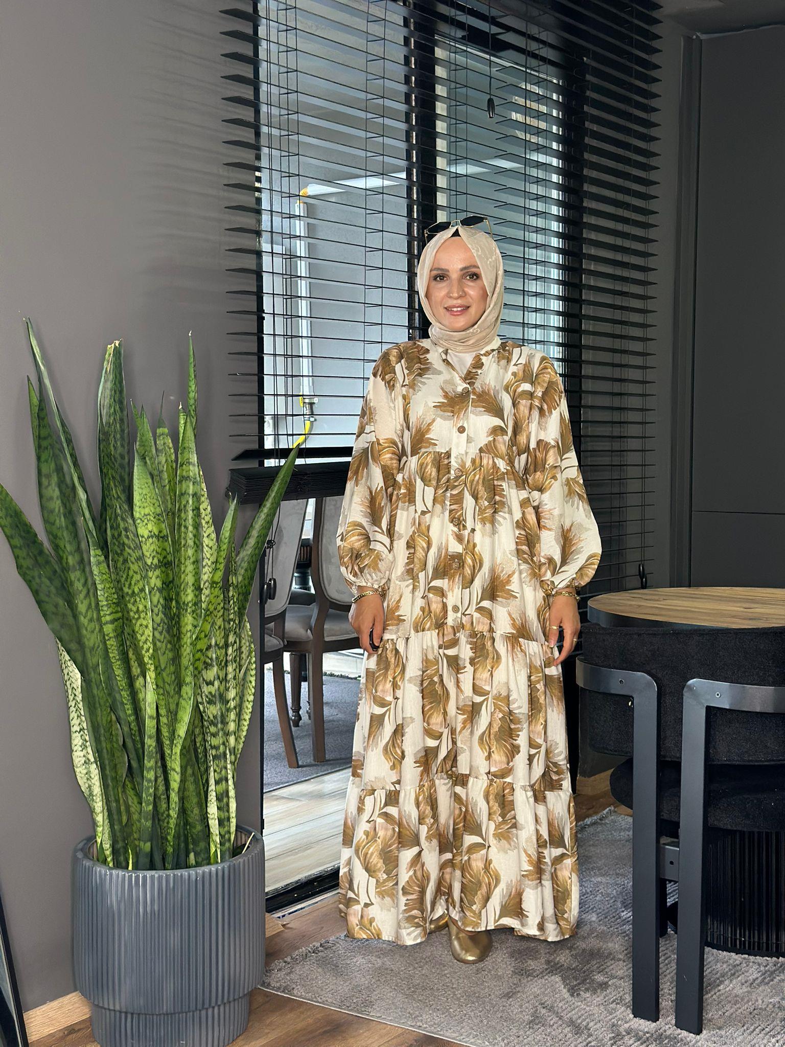 2041 DESENLİ KETEN ELBİSE KAHVERENGİ 