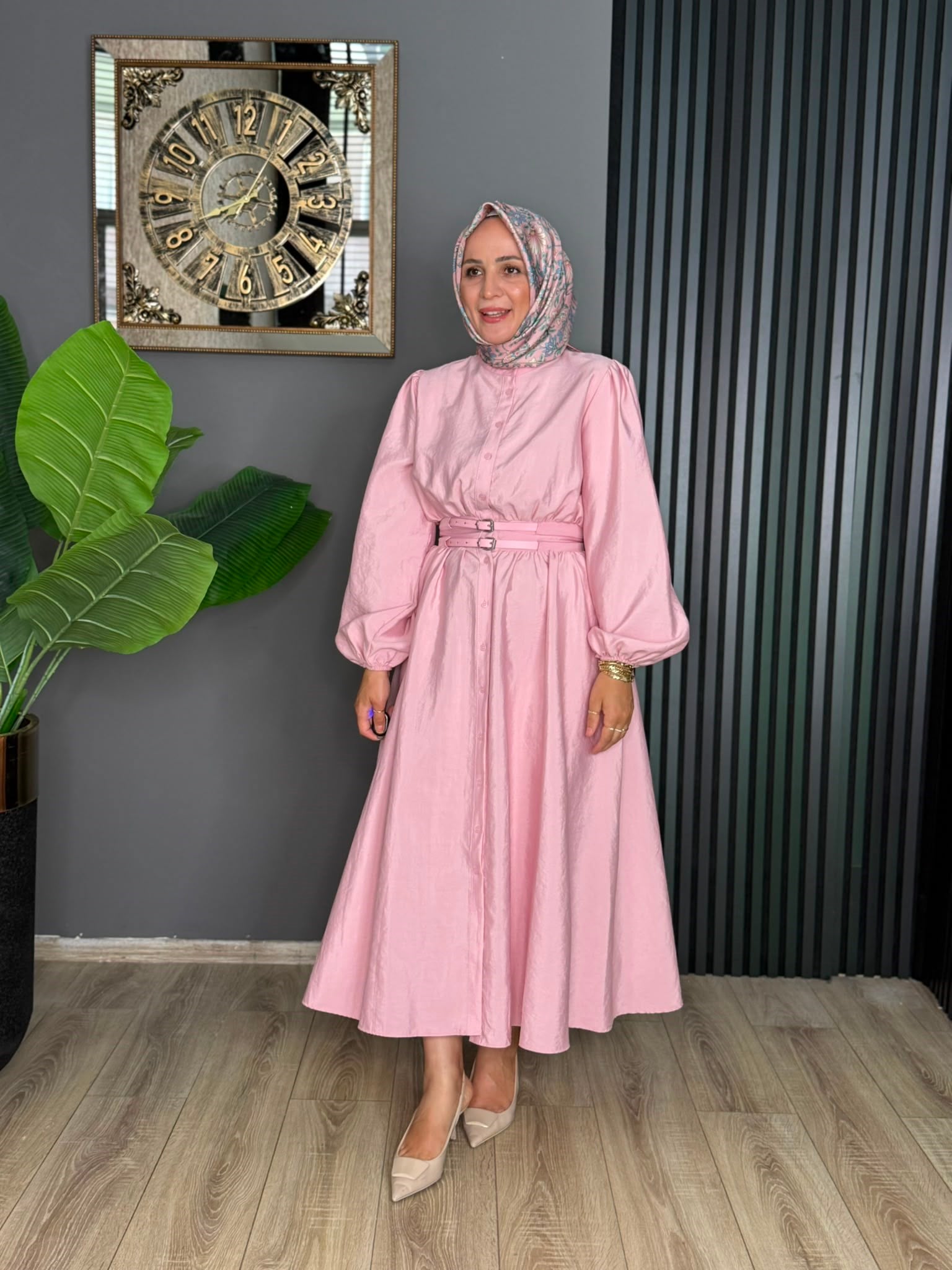 20658 ÇİFT KEMERLİ PRENSES MODEL ELBİSE PEMBE 
