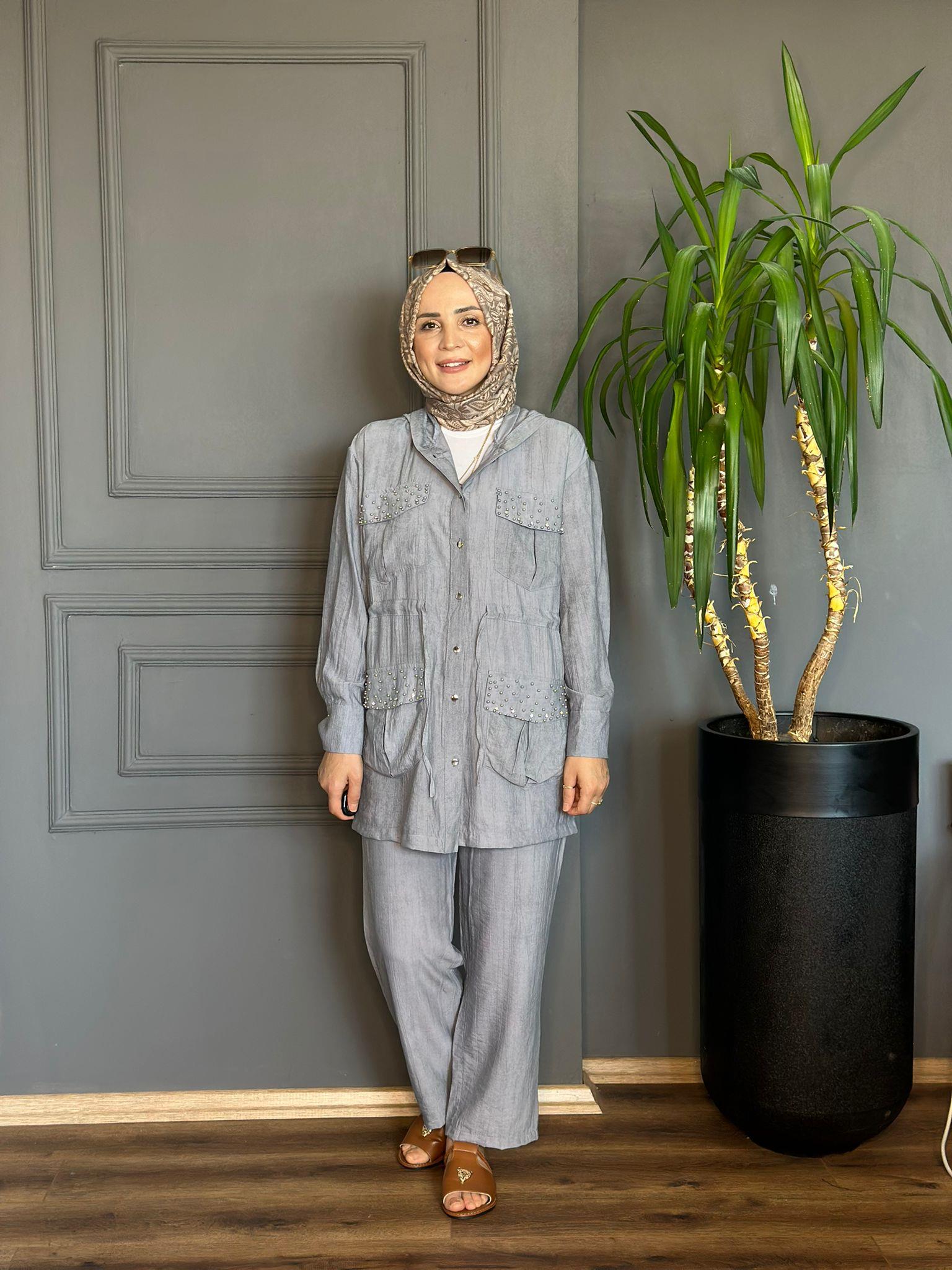 22686 BONCUK DETAYLI GRİ TAKIM 
