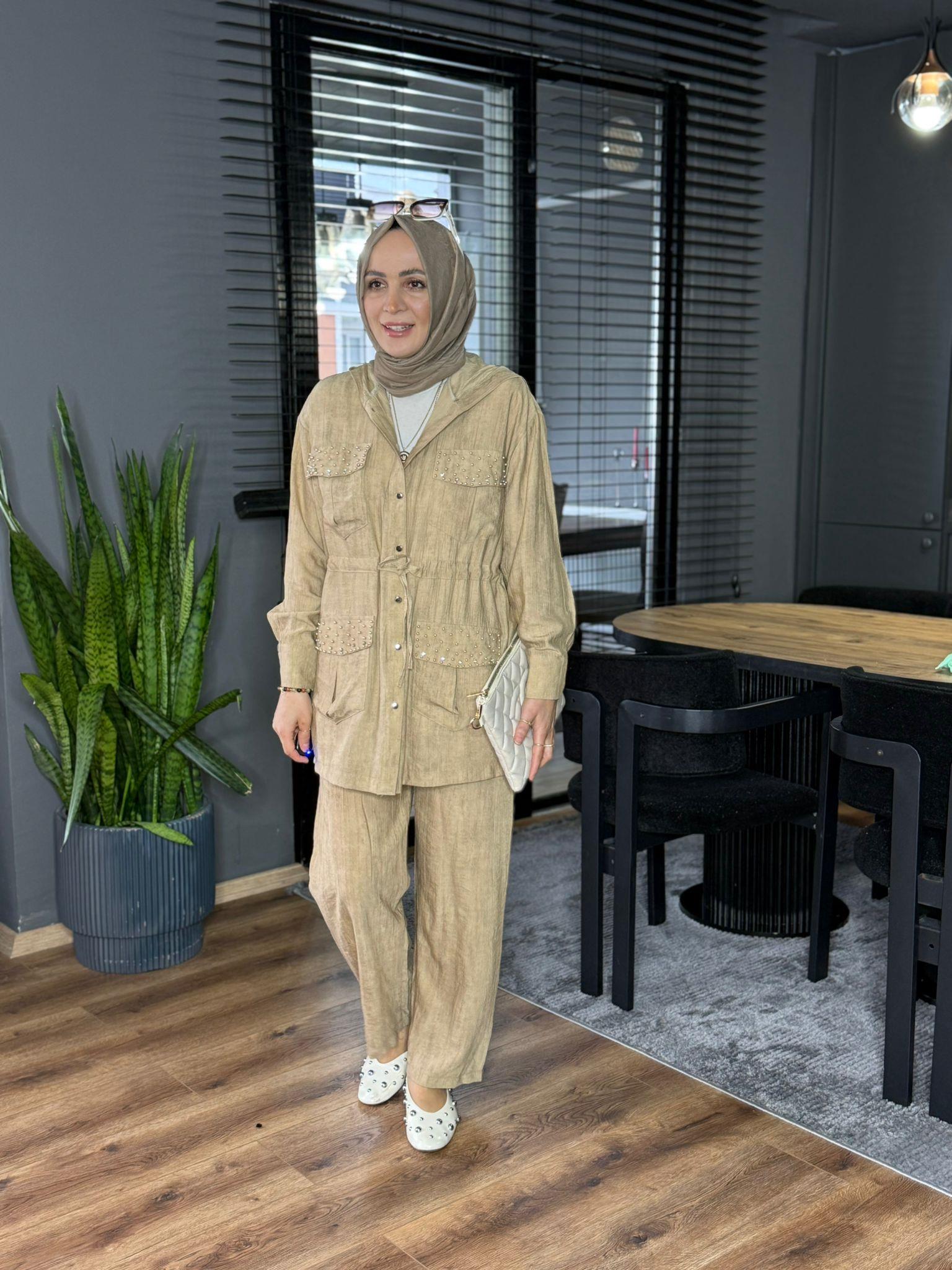 22686 BÜRÜMCÜK KUMAŞ BONCUKLU TAKIM VİZON 