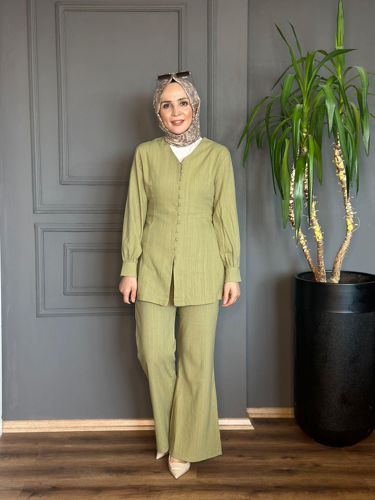 22725 DÜĞME DETAY KETEN TAKIM MİNT YEŞİLİ 