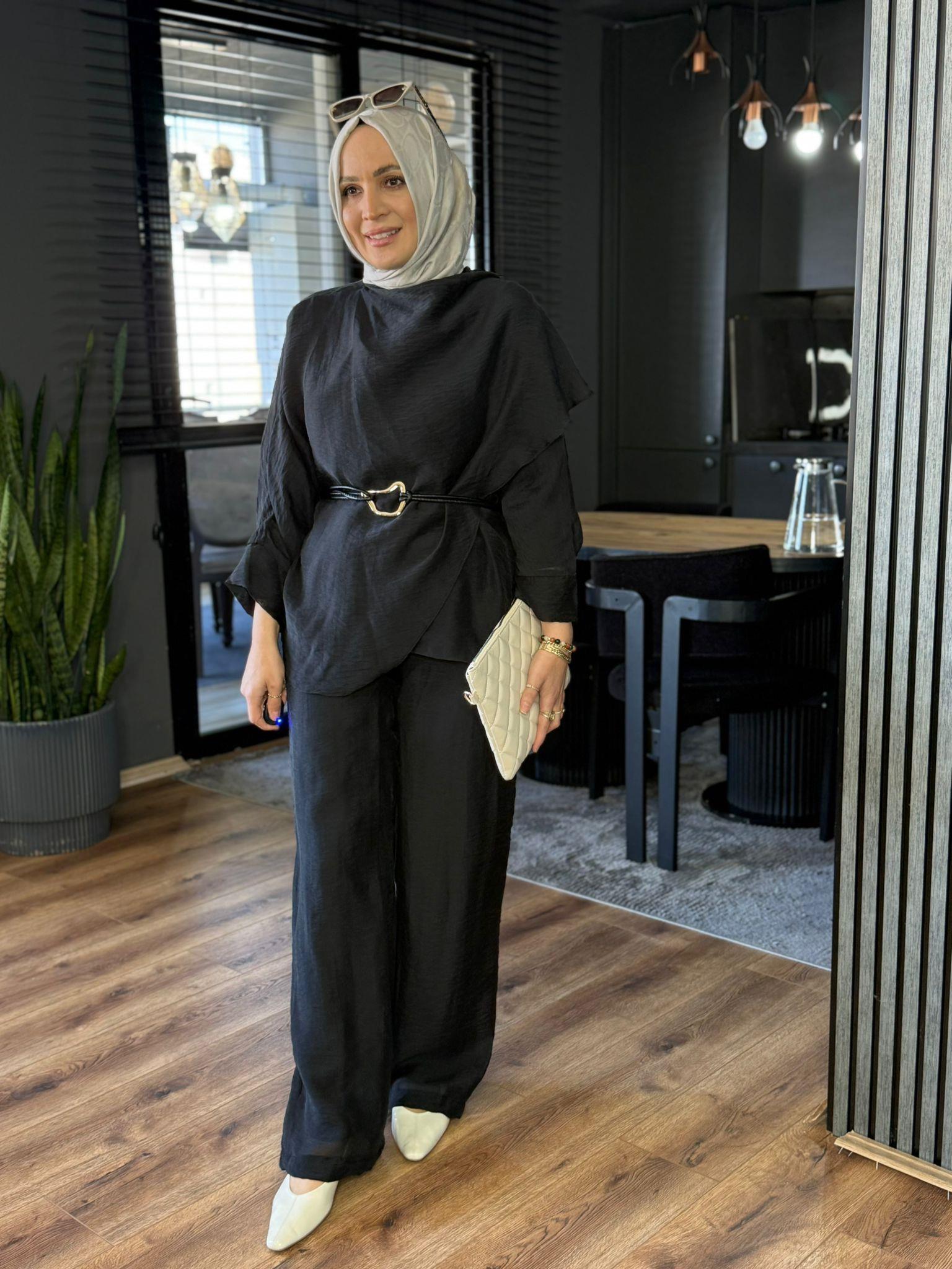22858 ASİMETRİK KESİM TAKIM SİYAH  